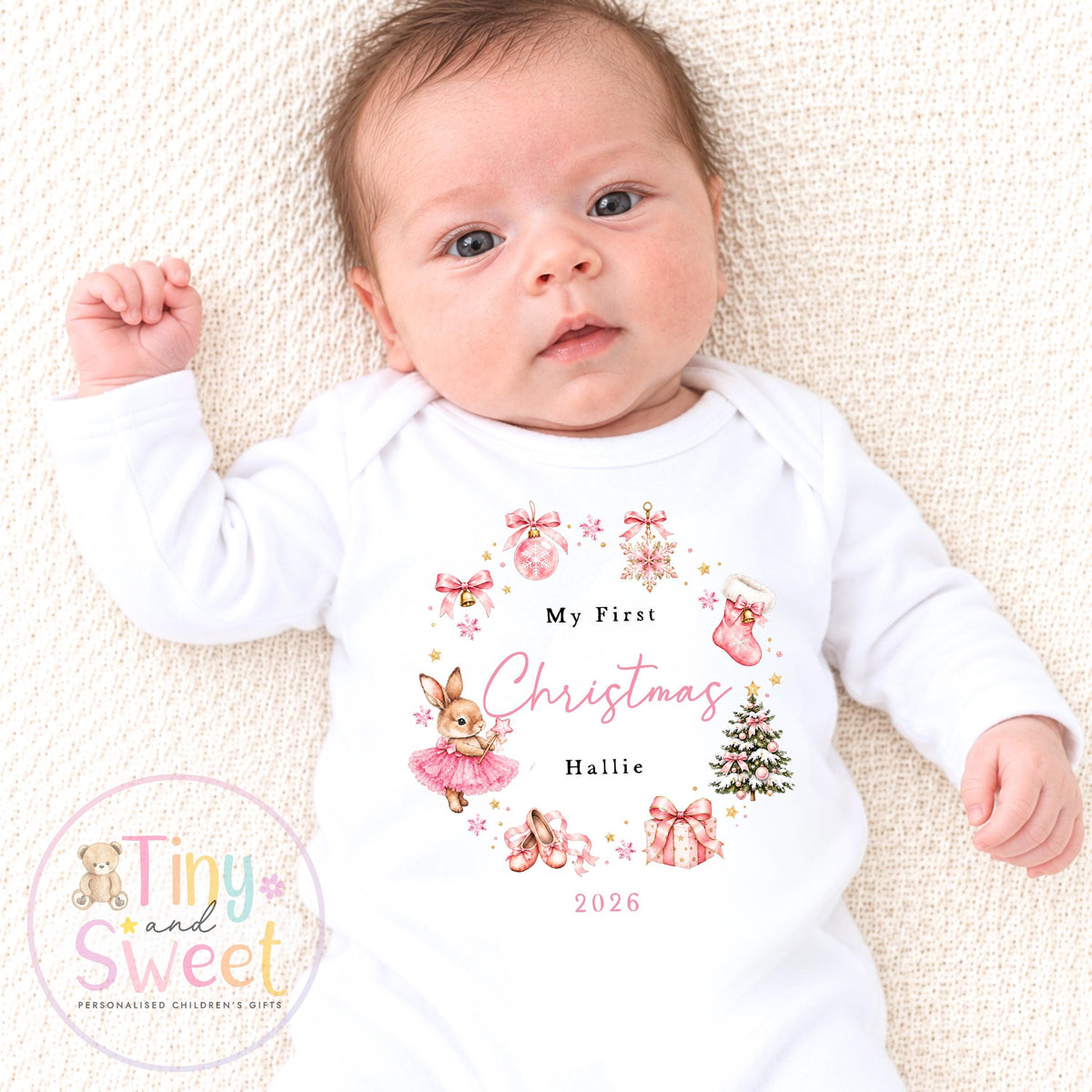Pink or Blue Christmas Bunny Wreath Personalised Sleepsuit/Vest