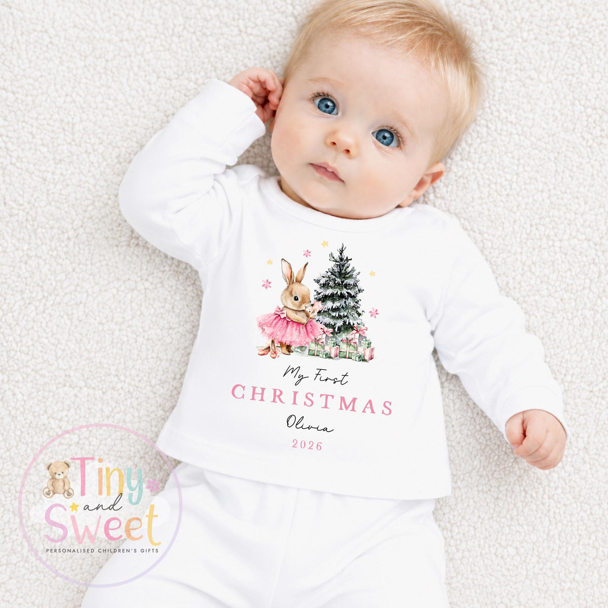 Pink Christmas Ballerina Bunny Personalised Sleepsuit/Vest