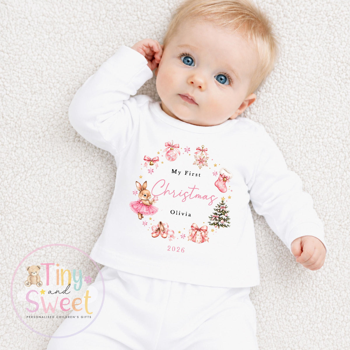 Pink or Blue Christmas Bunny Wreath Personalised Sleepsuit/Vest