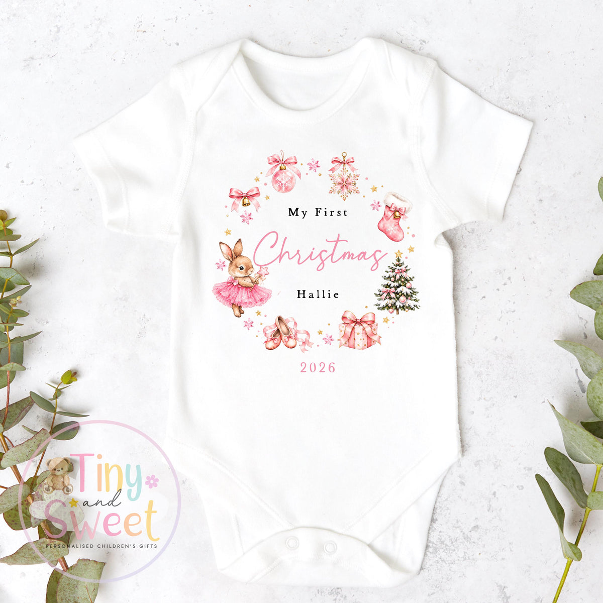 Pink or Blue Christmas Bunny Wreath Personalised Sleepsuit/Vest