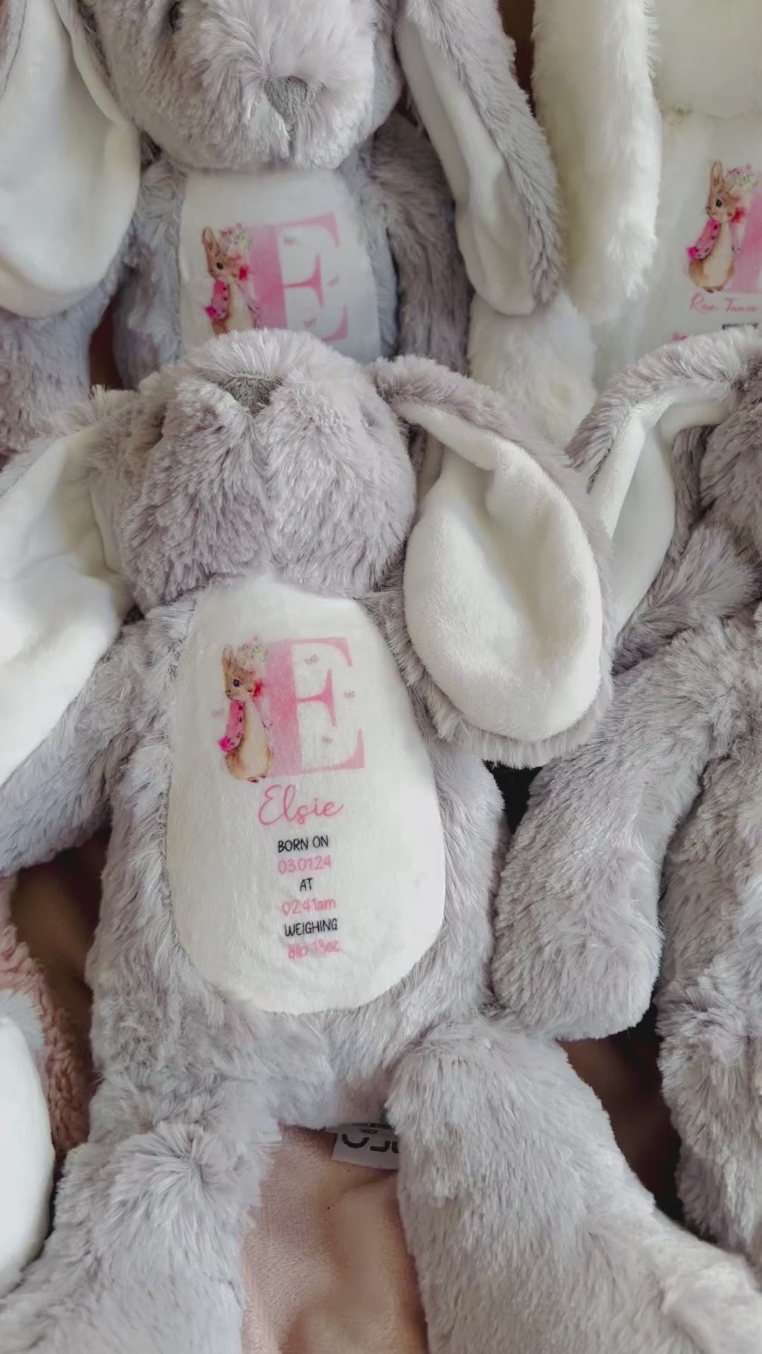 Personalised Birth Stats Pink Rainbow Bunny Soft Toy