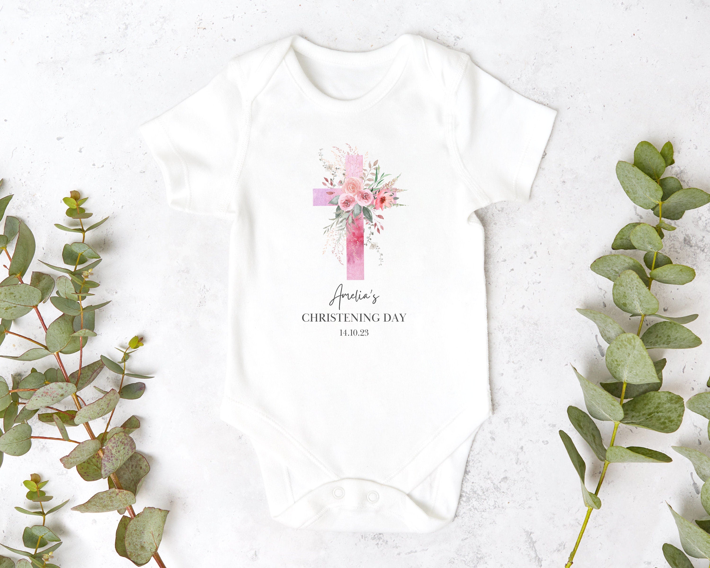 Pink Floral Cross Personalised Christening Sleepsuit/Babygrow