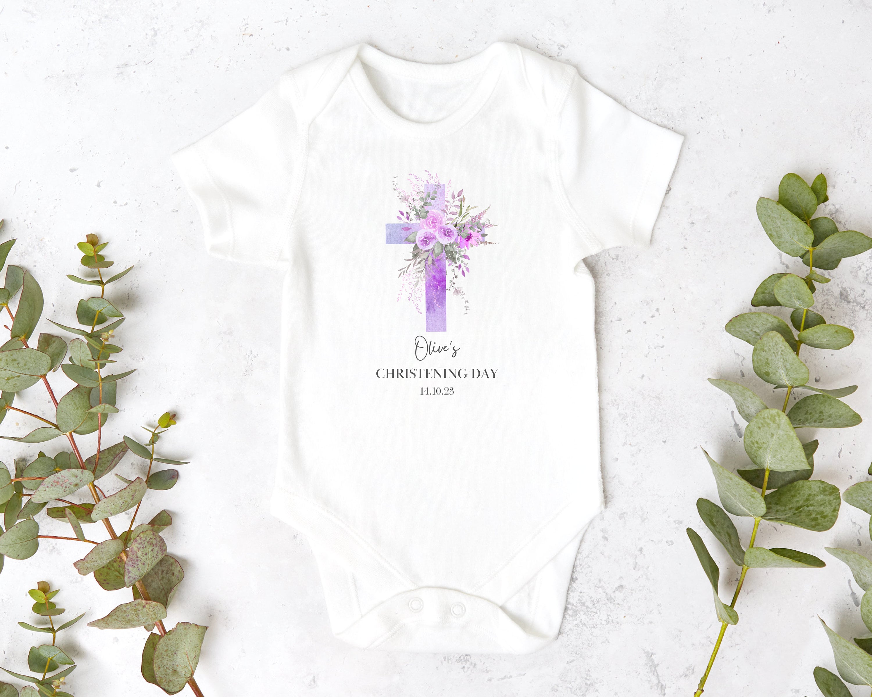 Lilac Floral Cross Personalised Christening Sleepsuit/Babygrow