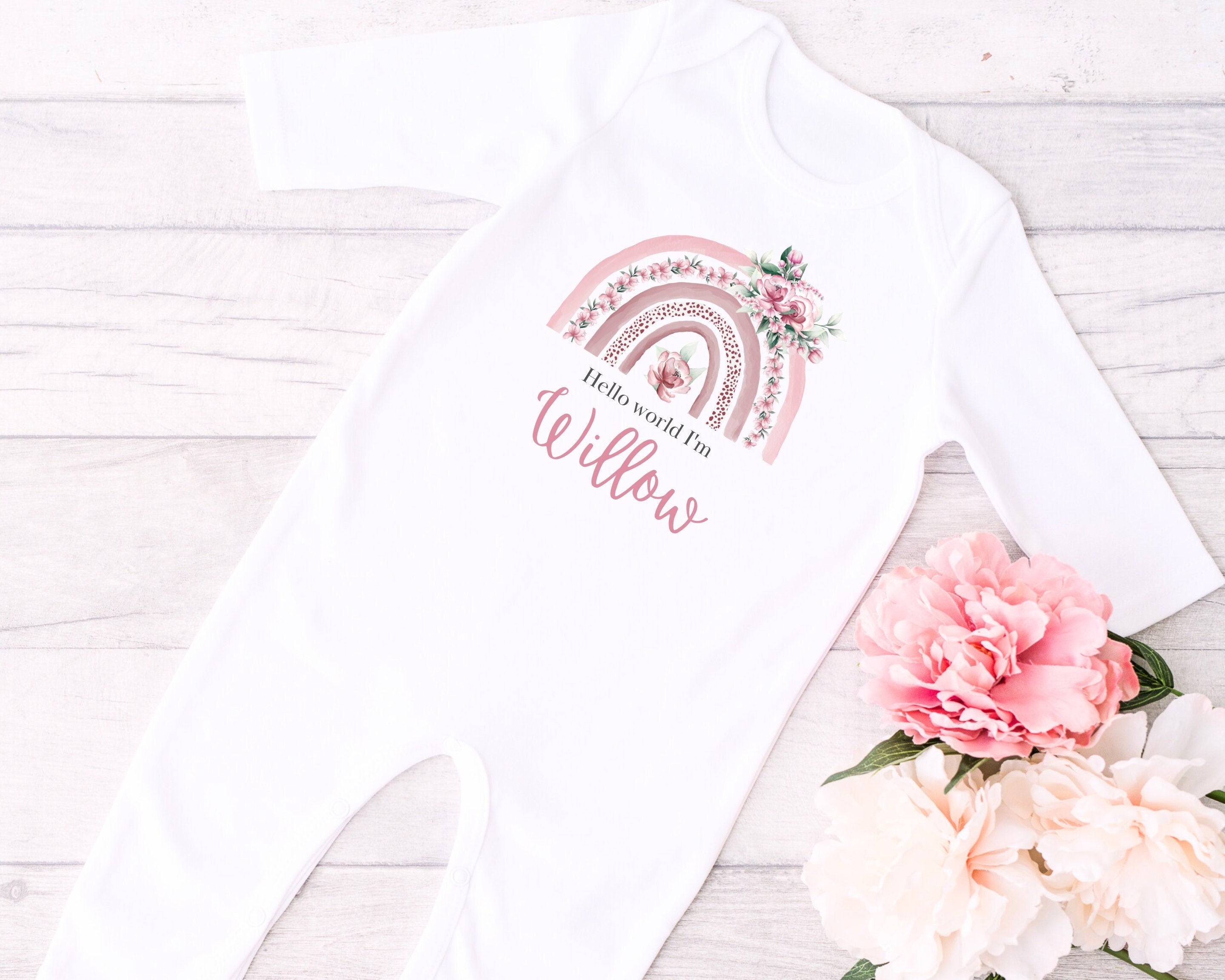 Pink Rainbow Hello World Personalised Sleepsuit/Babygrow