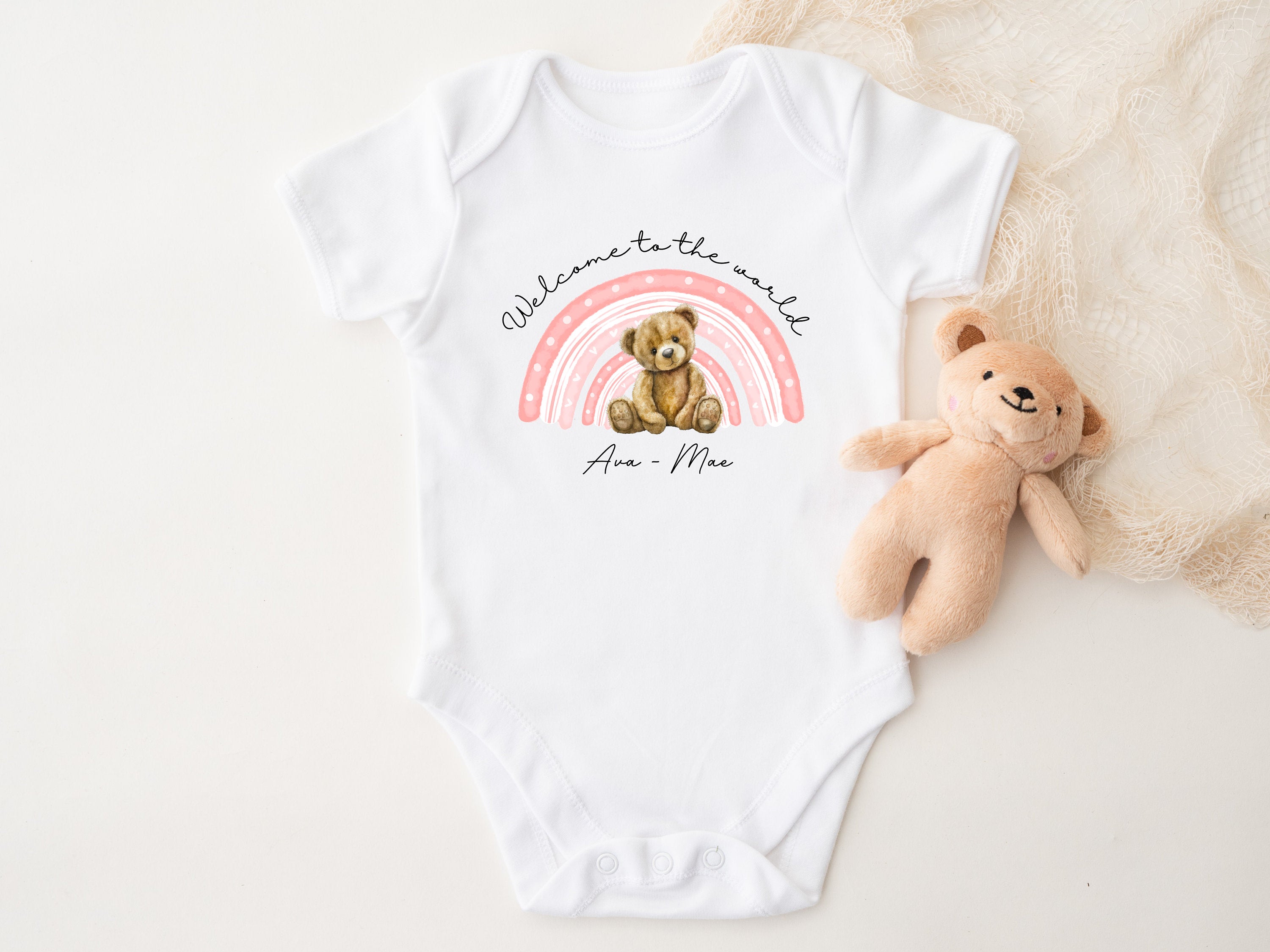 Pink Teddy Bear Rainbow Welcome To The World Personalised Sleepsuit/Babygrow