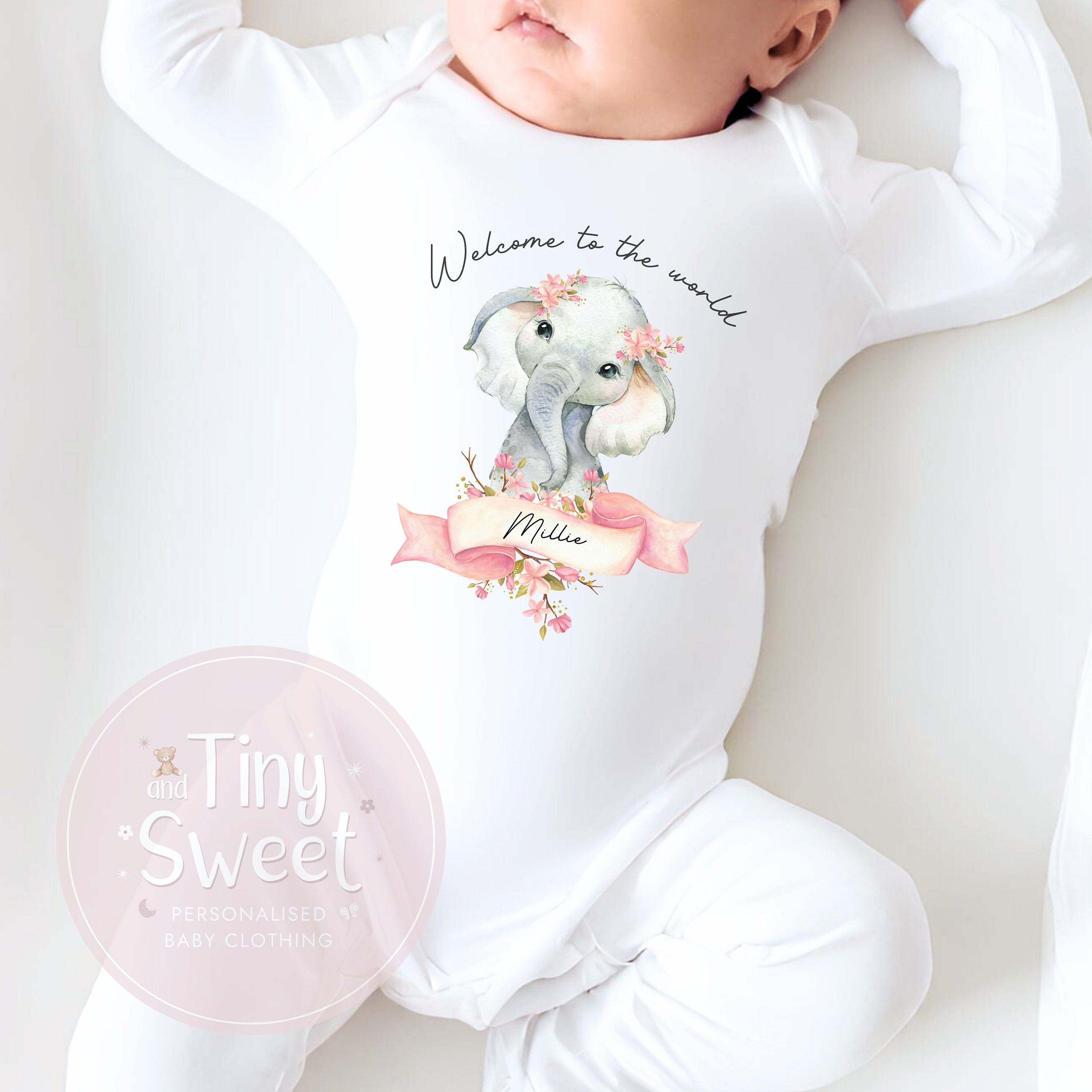 Pink Floral Elephant Welcome To The World Personalised Sleepsuit/Babygrow