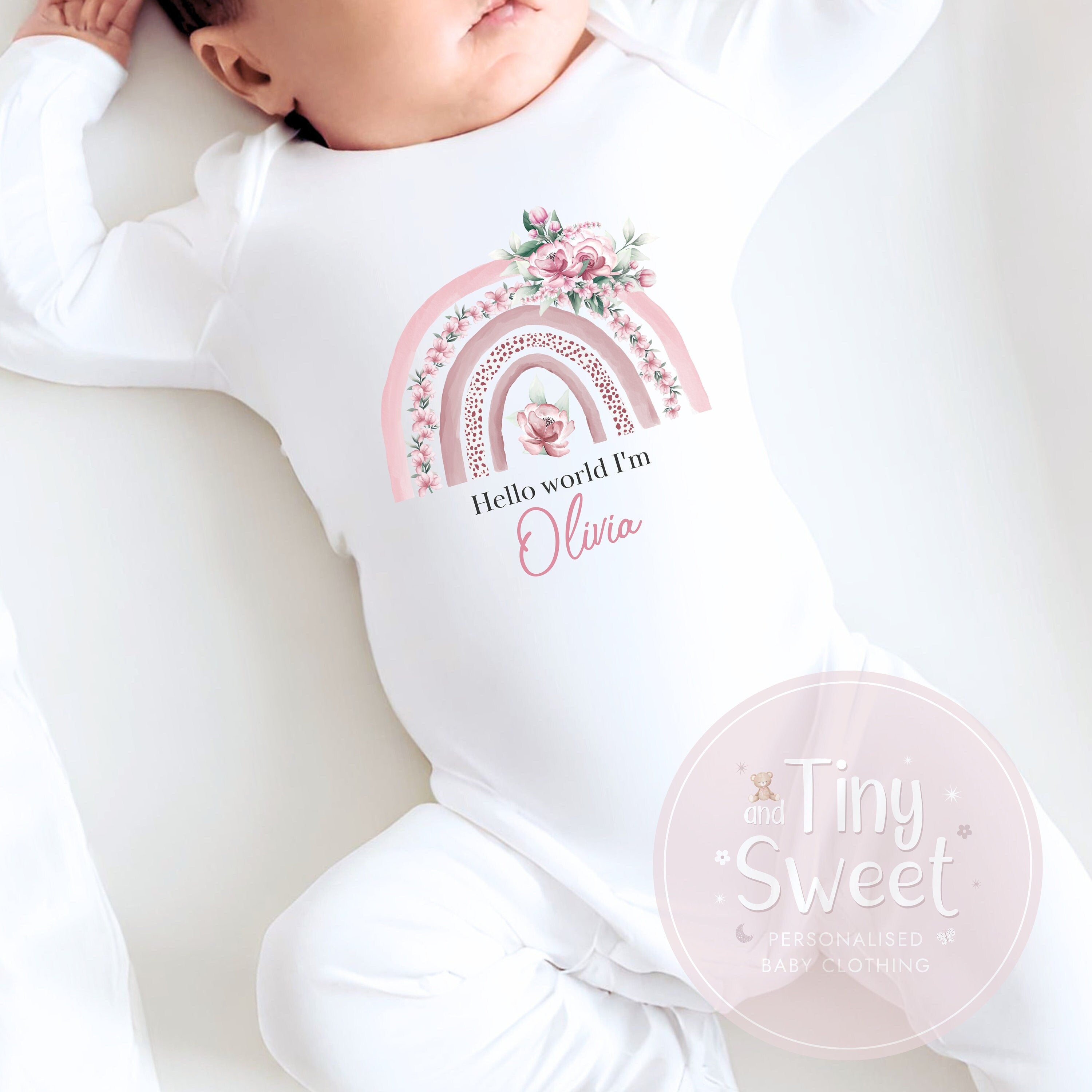 Pink Rainbow Hello World Personalised Sleepsuit/Babygrow