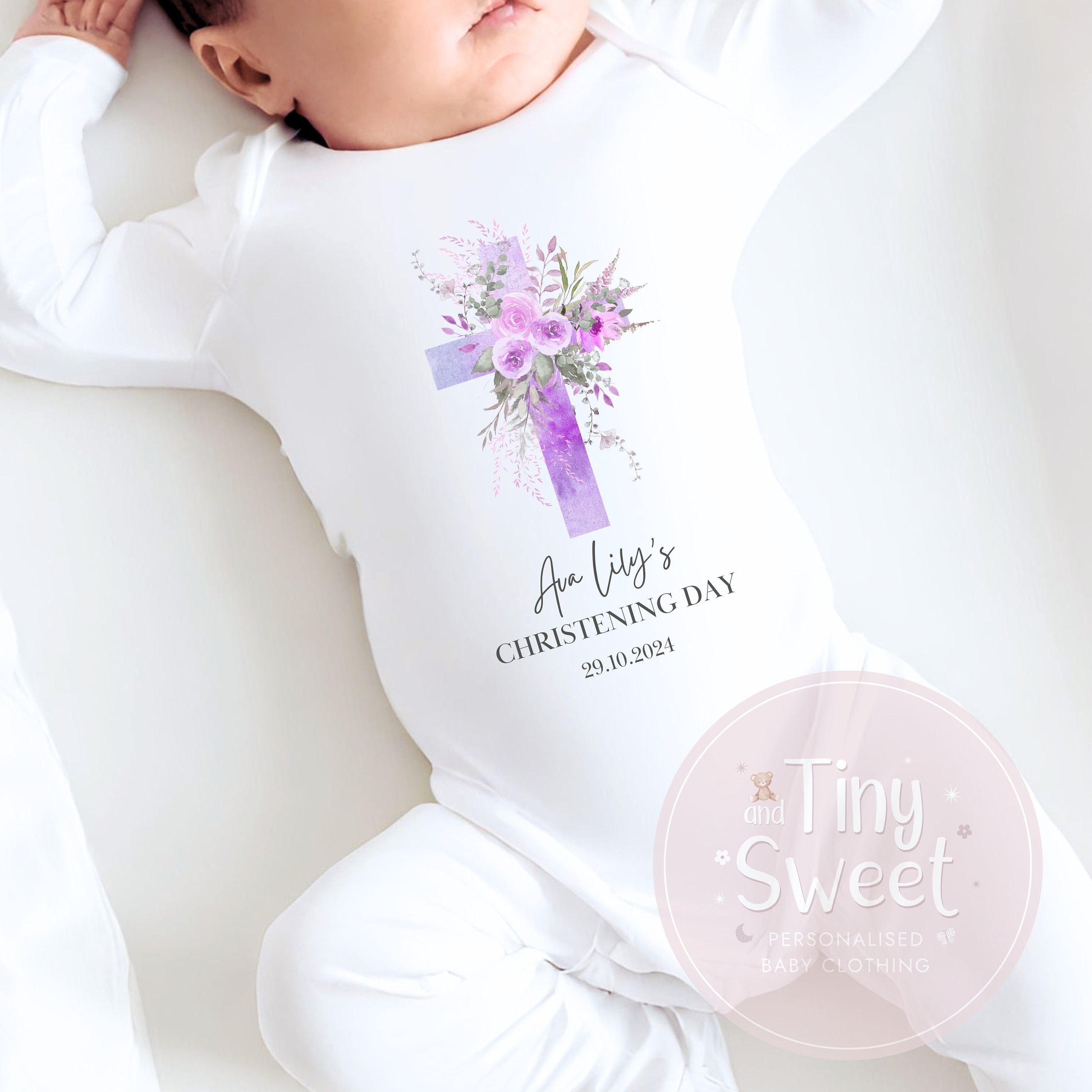 Lilac Floral Cross Personalised Christening Sleepsuit/Babygrow