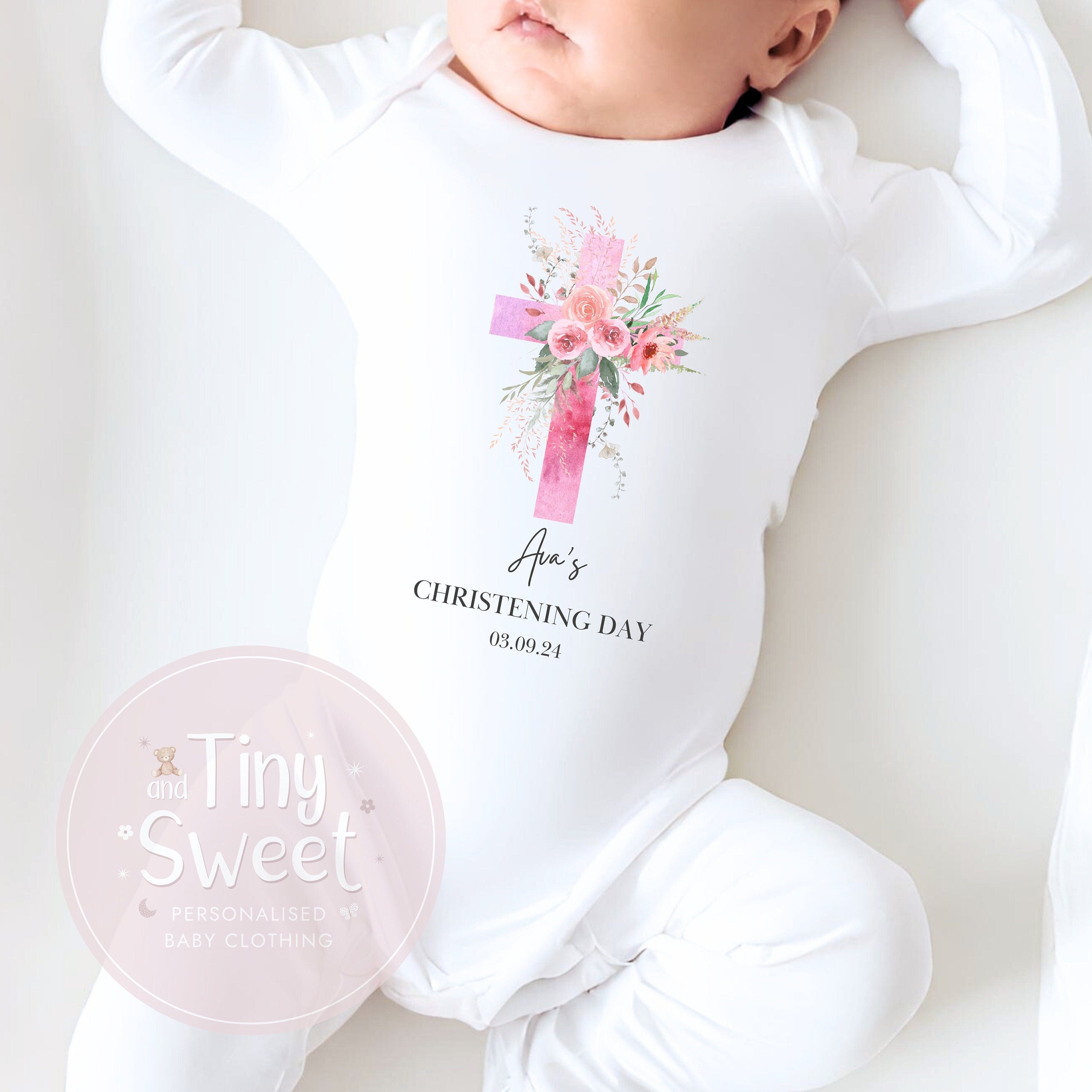 Pink Floral Cross Personalised Christening Sleepsuit/Babygrow