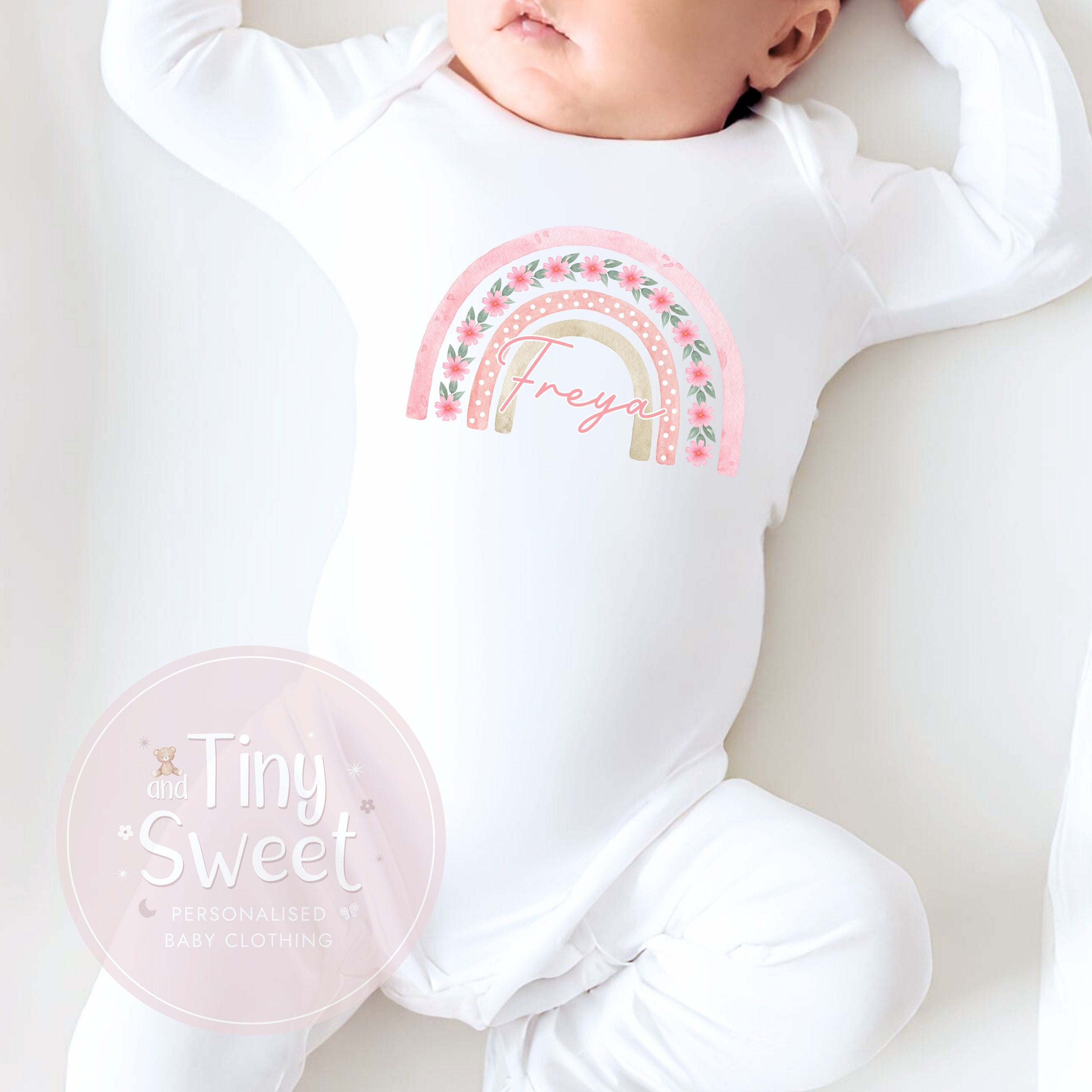 Pretty Pink Rainbow Personalised Sleepsuit/Babygrow