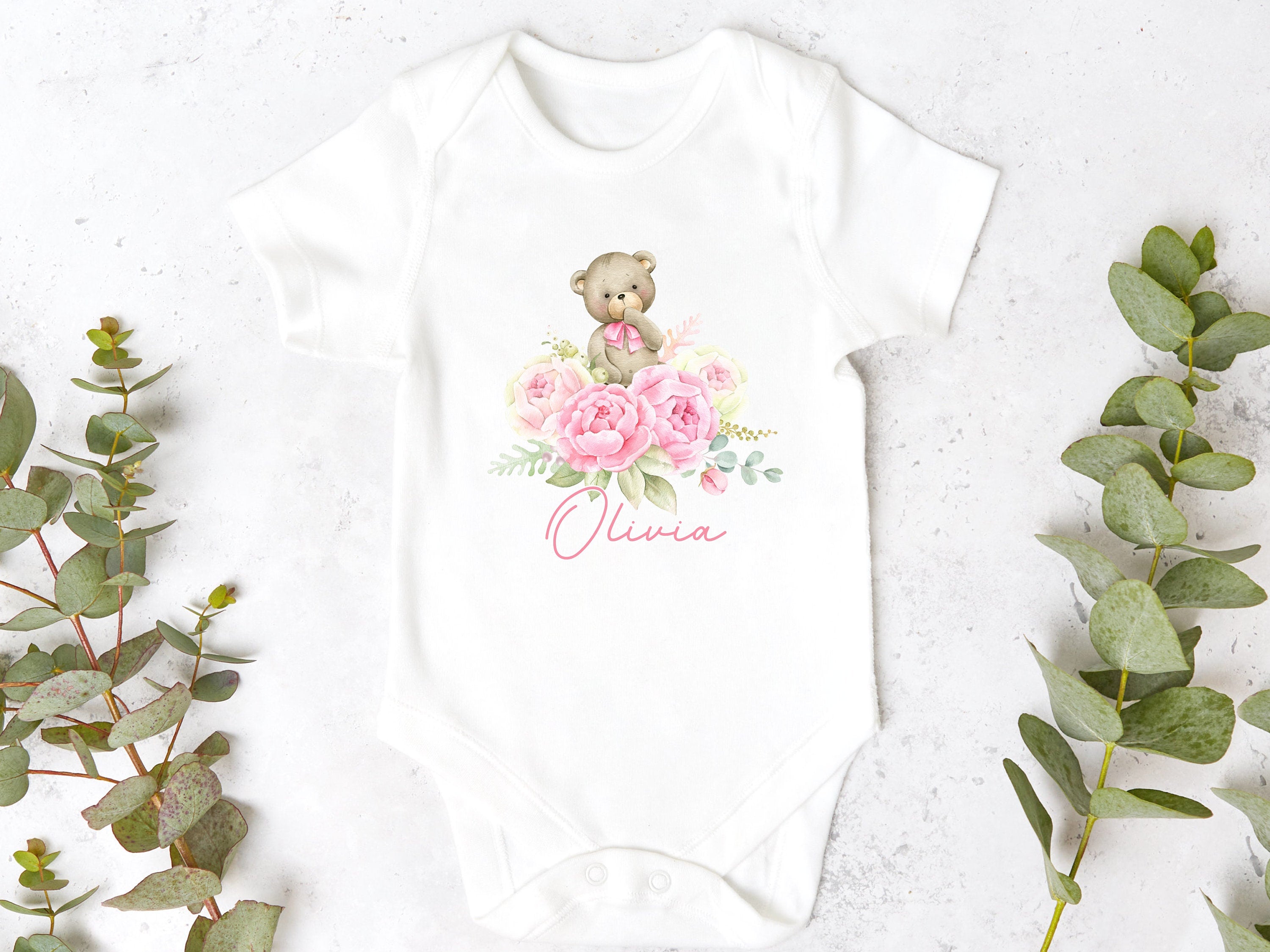 Pink Floral Bear Personalised Sleepsuit/Babygrow