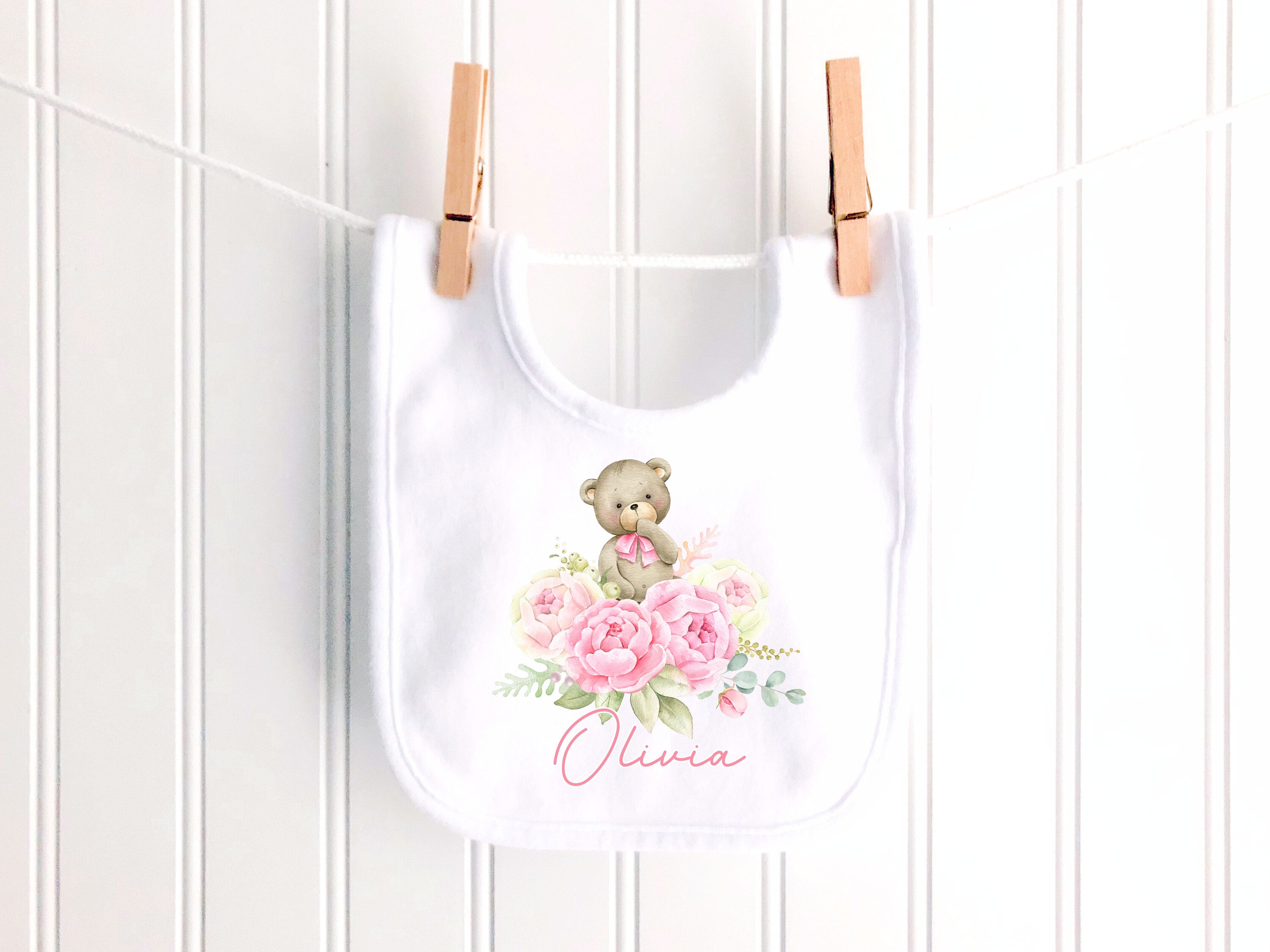Pink Floral Bear Personalised Sleepsuit/Babygrow