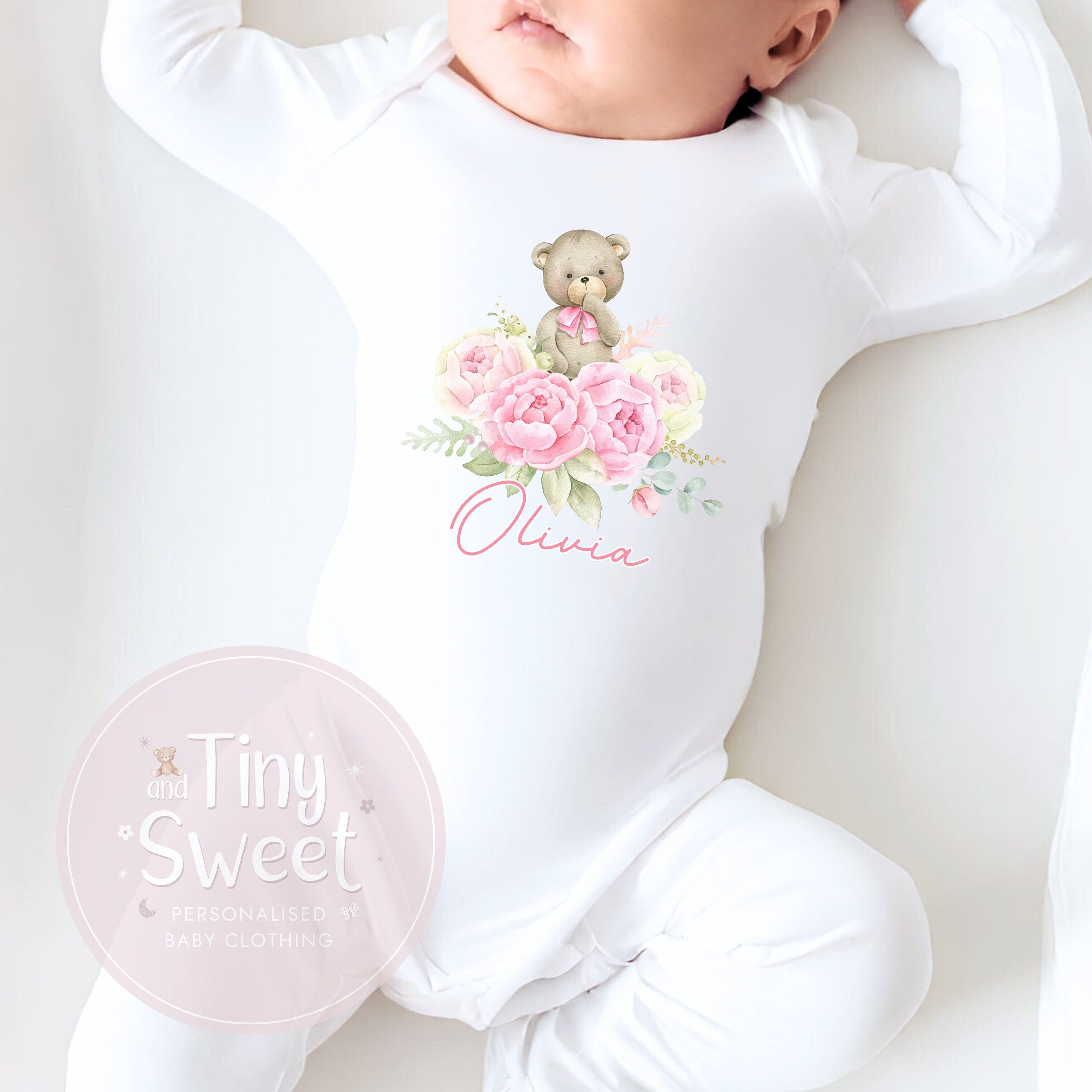 Pink Floral Bear Personalised Sleepsuit/Babygrow