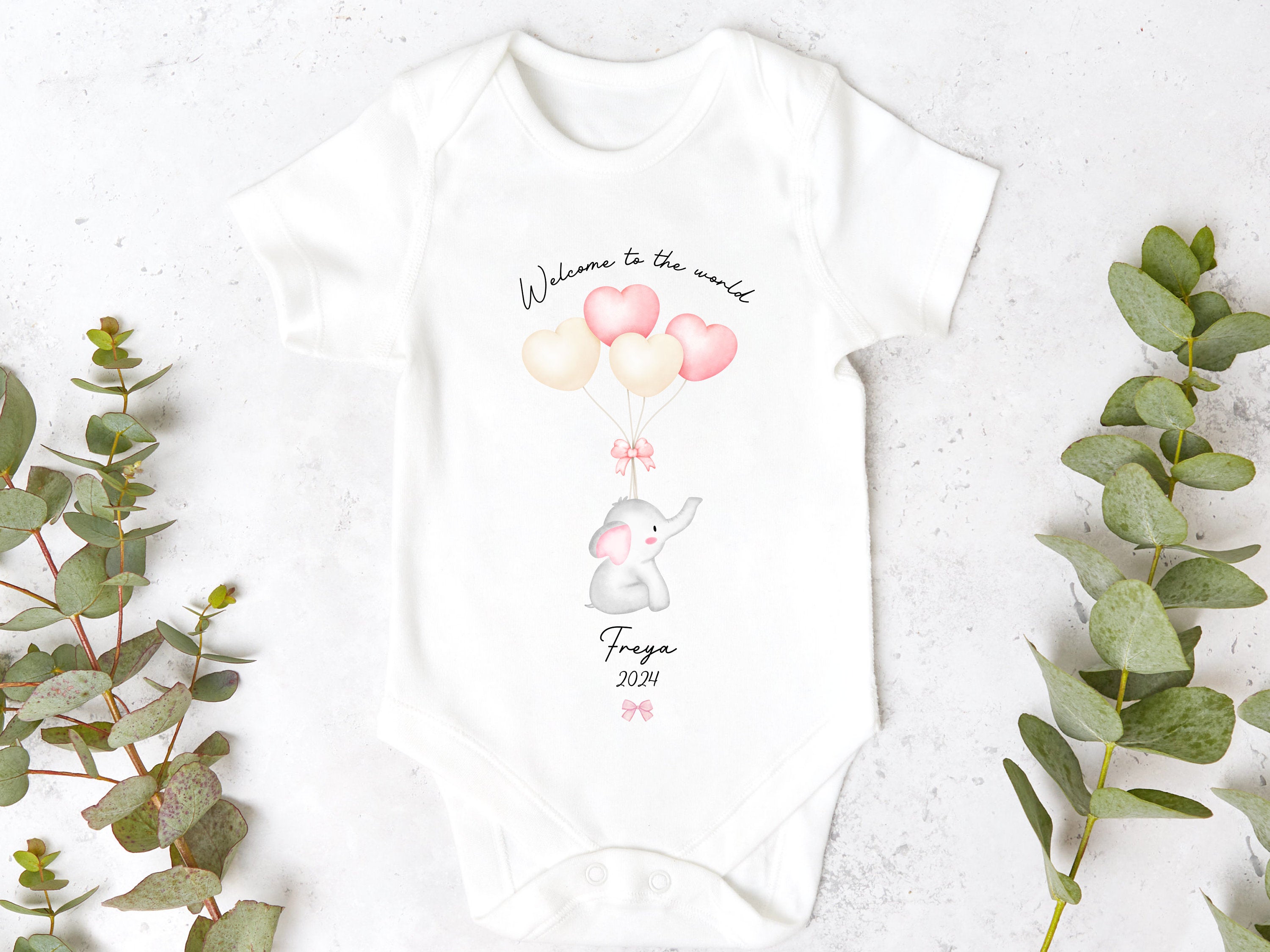 Pink Elephant Balloons Welcome To The World Personalised Sleepsuit/Babygrow