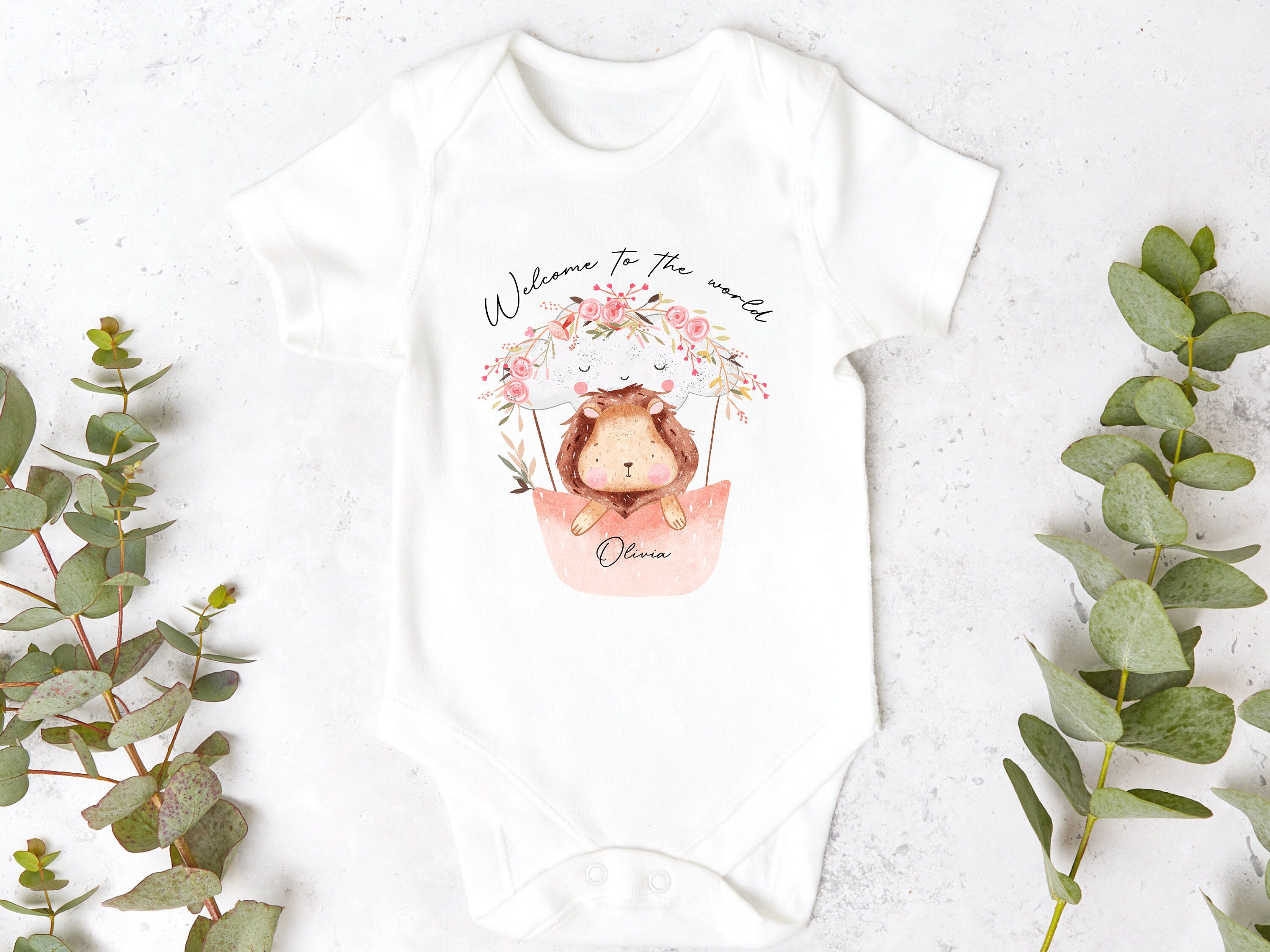 Floral Lion Welcome To The World Personalised Sleepsuit/Babygrow