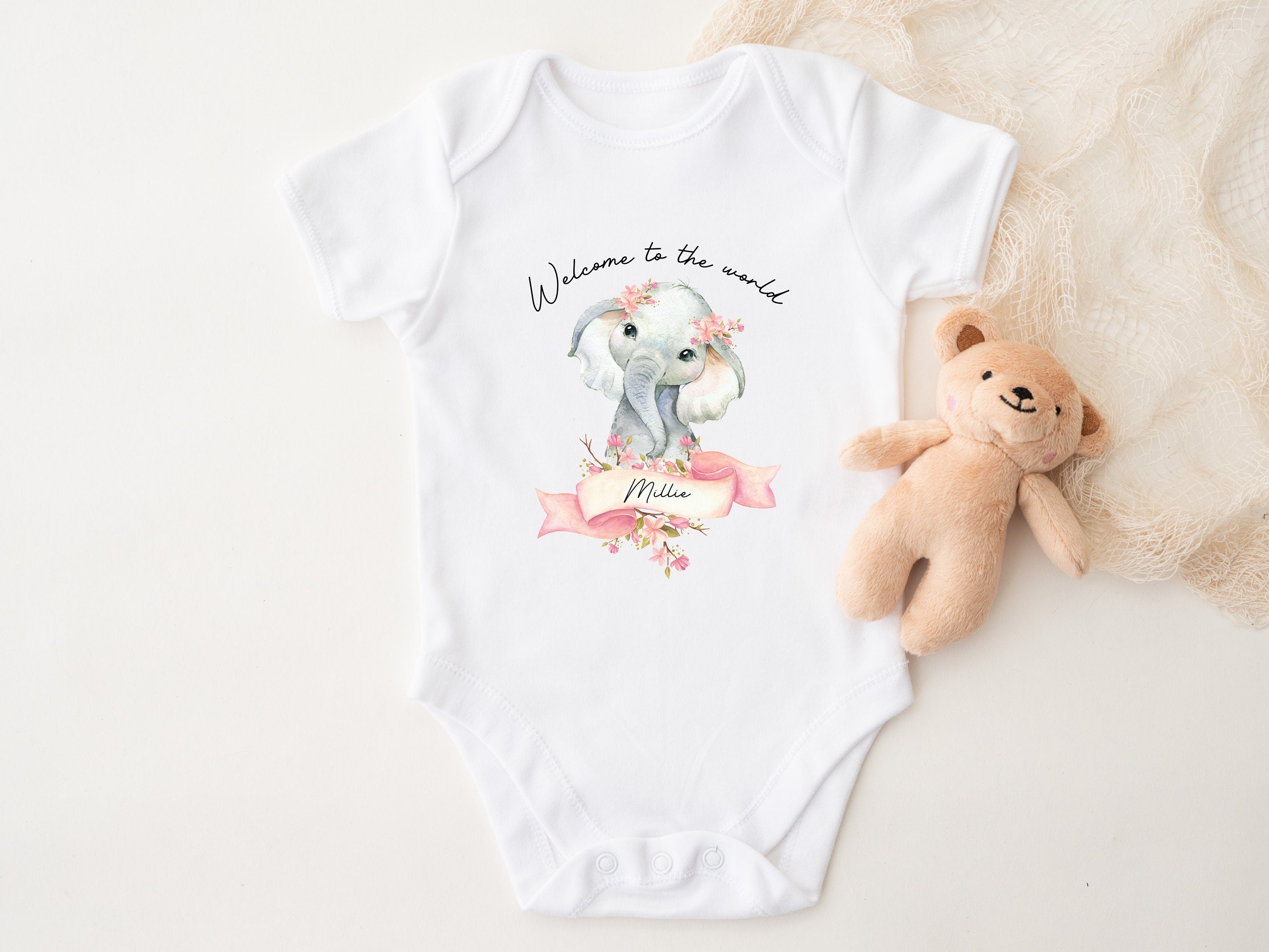 Pink Floral Elephant Welcome To The World Personalised Sleepsuit/Babygrow