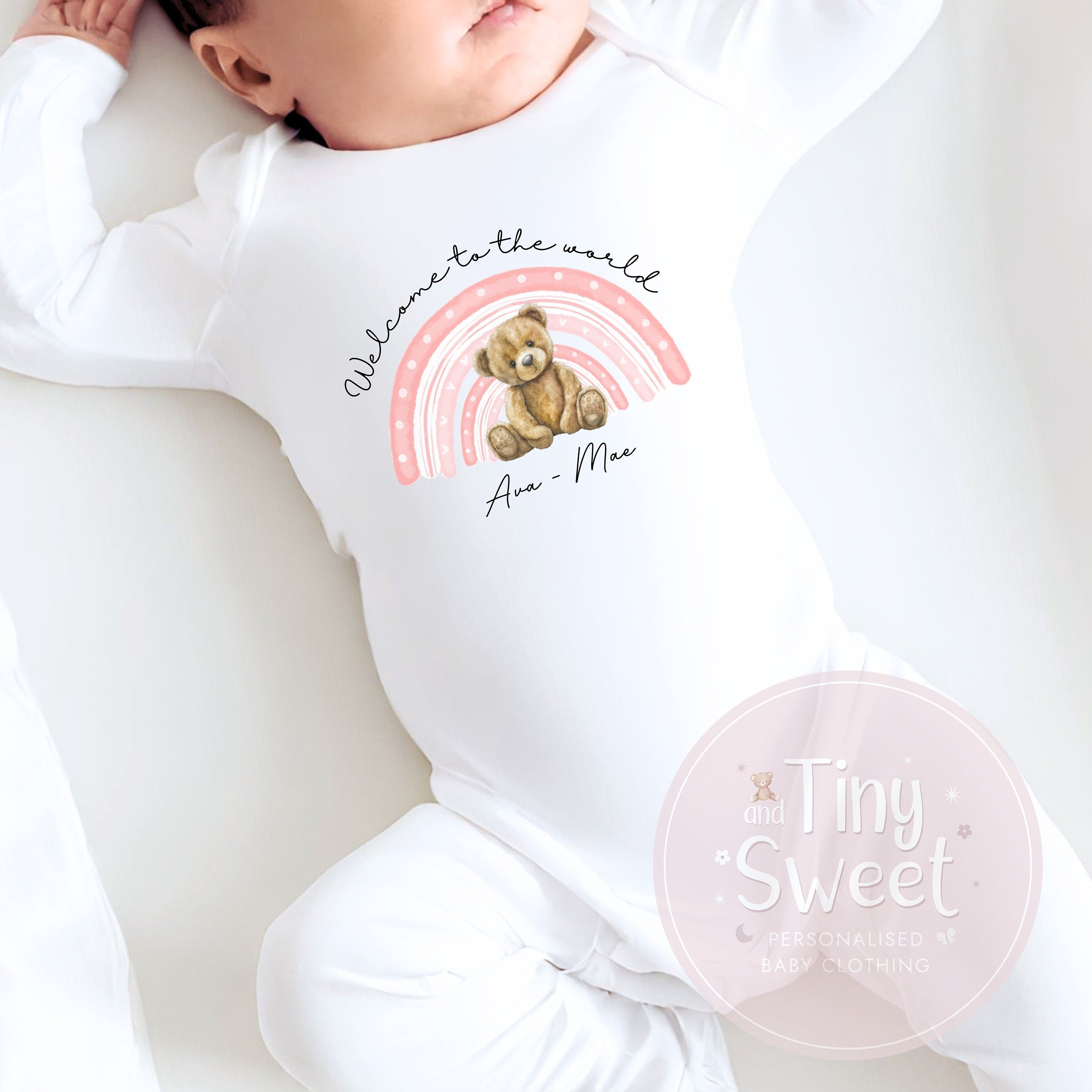 Pink Teddy Bear Rainbow Welcome To The World Personalised Sleepsuit/Babygrow