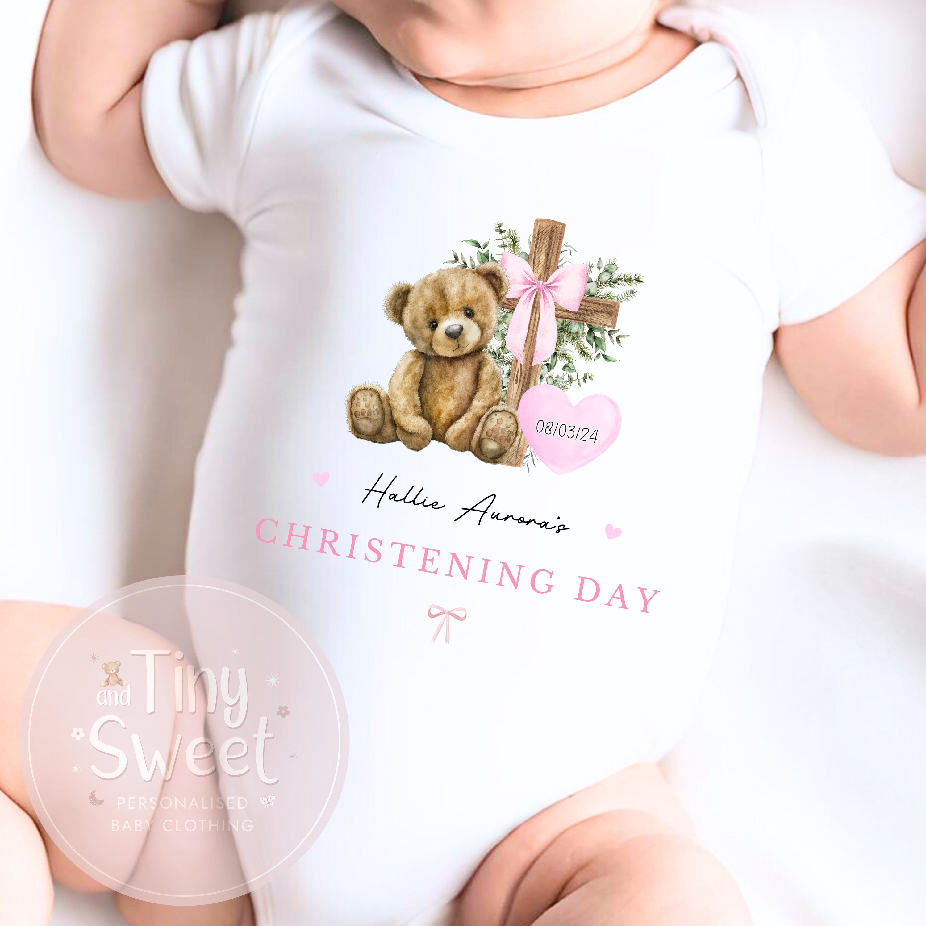Pink Teddy Bear Personalised Christening Sleepsuit/Babygrow