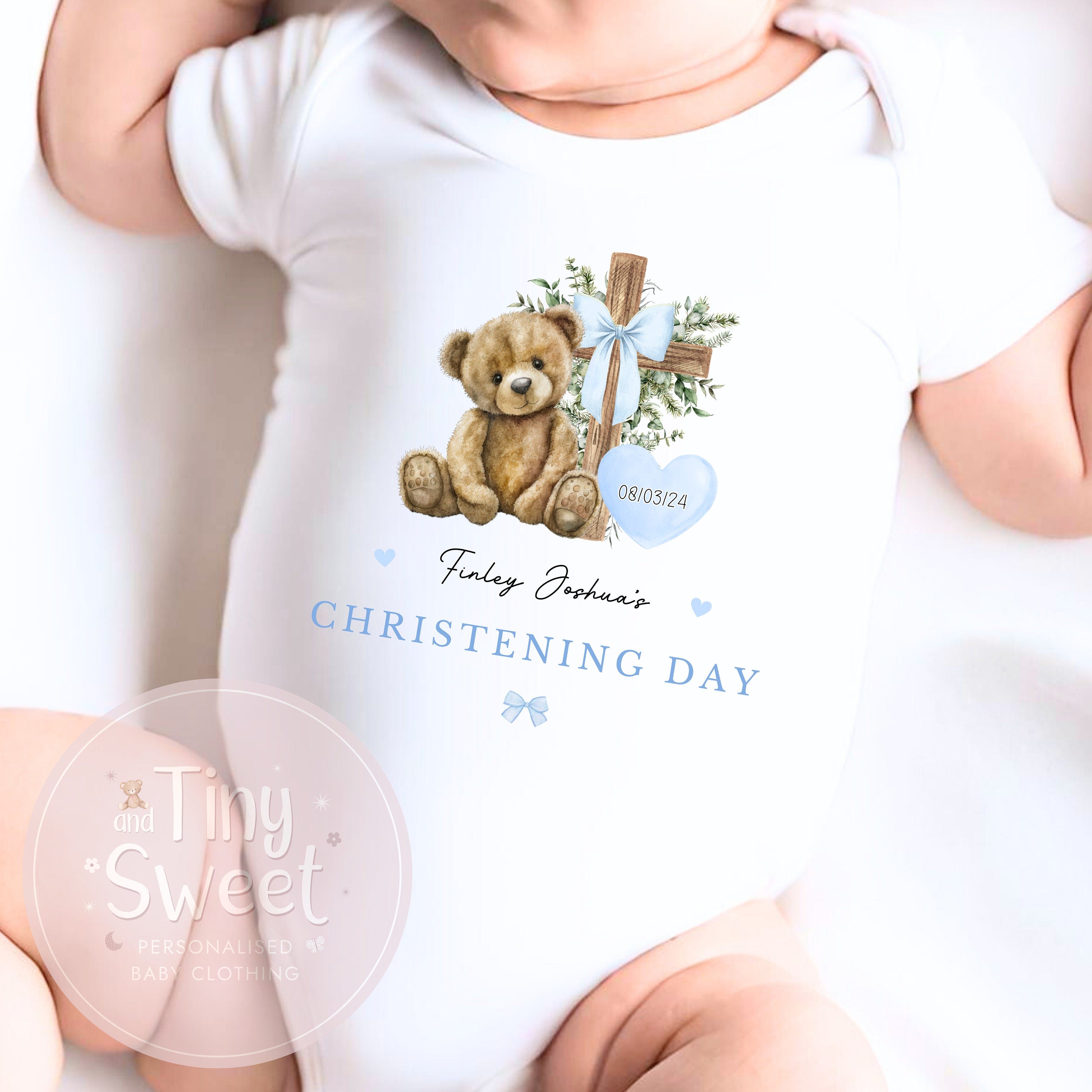 Blue Teddy Bear Personalised Christening Sleepsuit/Babygrow
