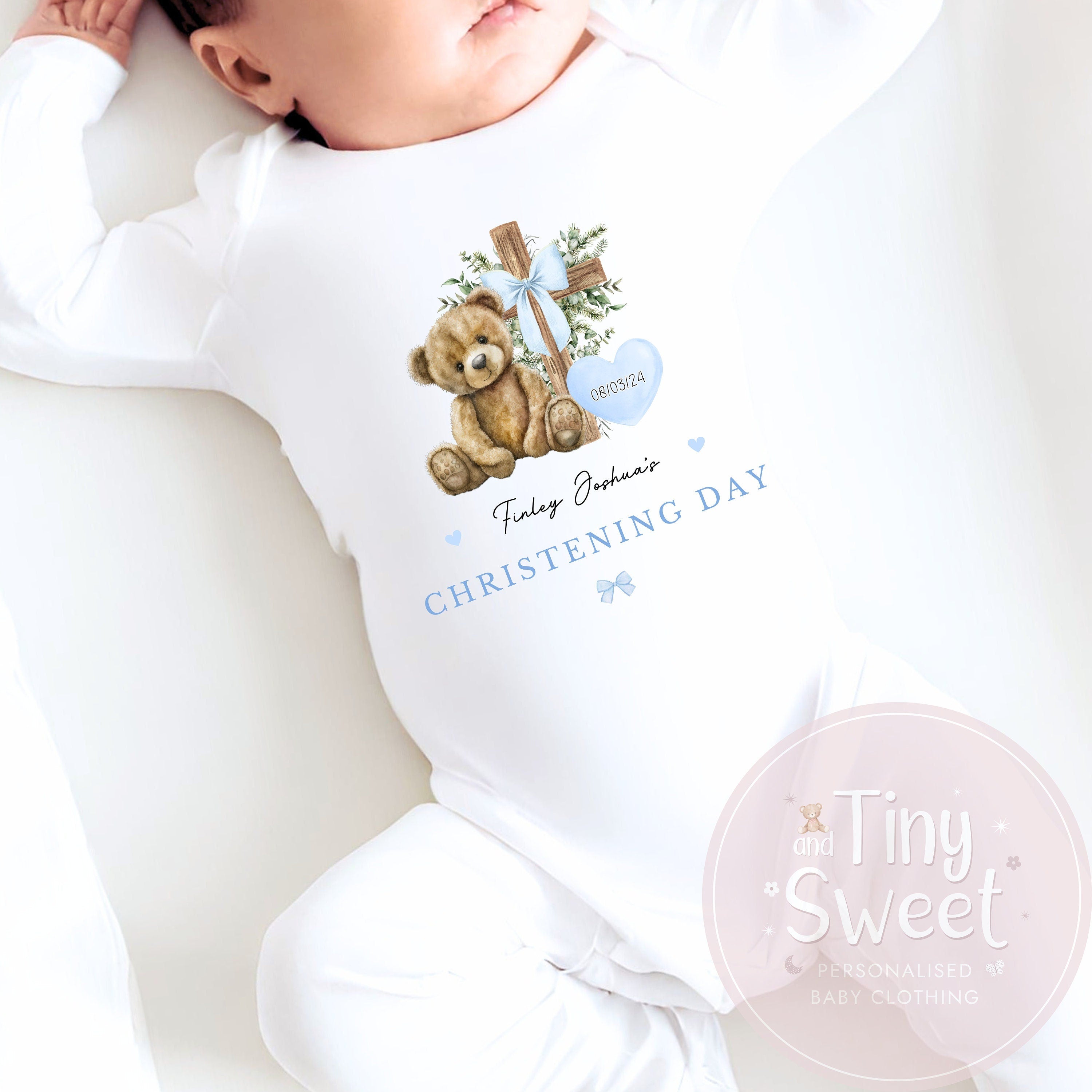 Blue Teddy Bear Personalised Christening Sleepsuit/Babygrow