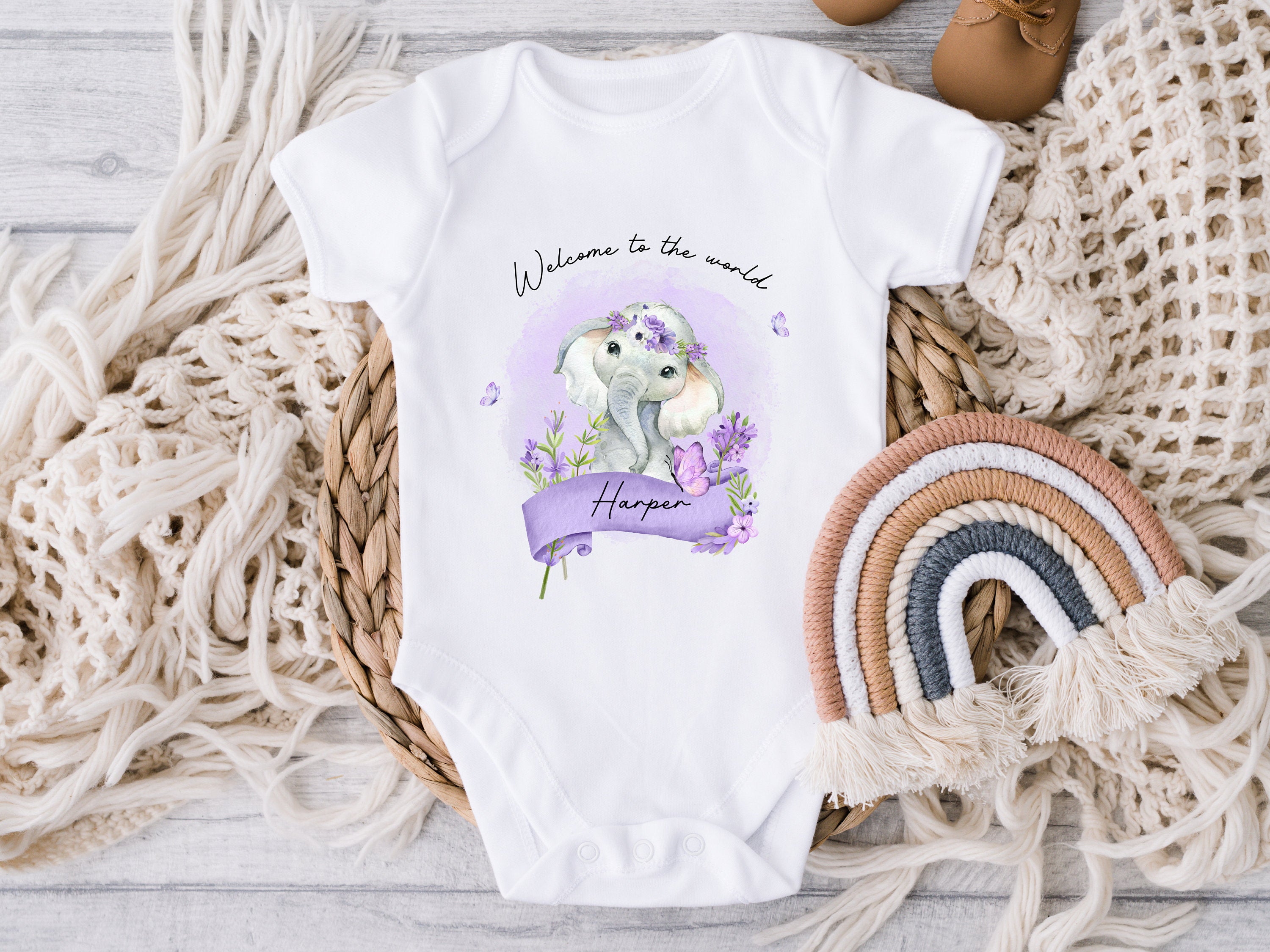 Purple Floral Elephant Welcome To The World Personalised Sleepsuit/Babygrow