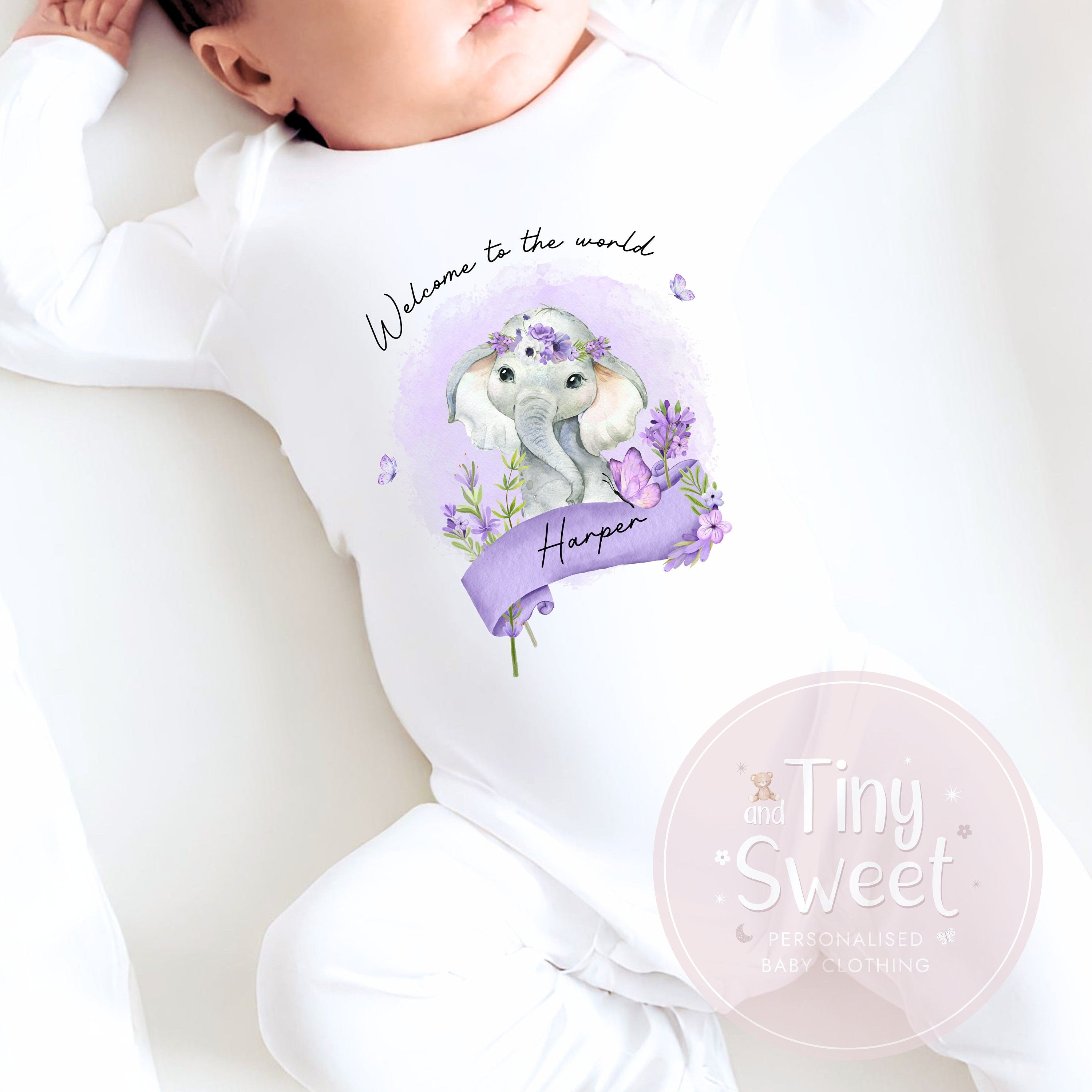 Purple Floral Elephant Welcome To The World Personalised Sleepsuit/Babygrow