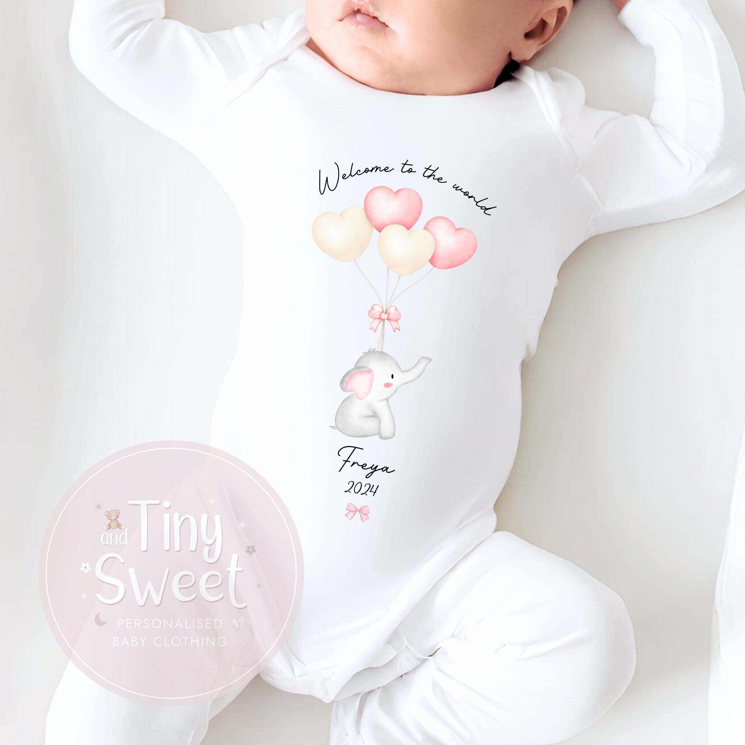 Pink Elephant Balloons Welcome To The World Personalised Sleepsuit/Babygrow