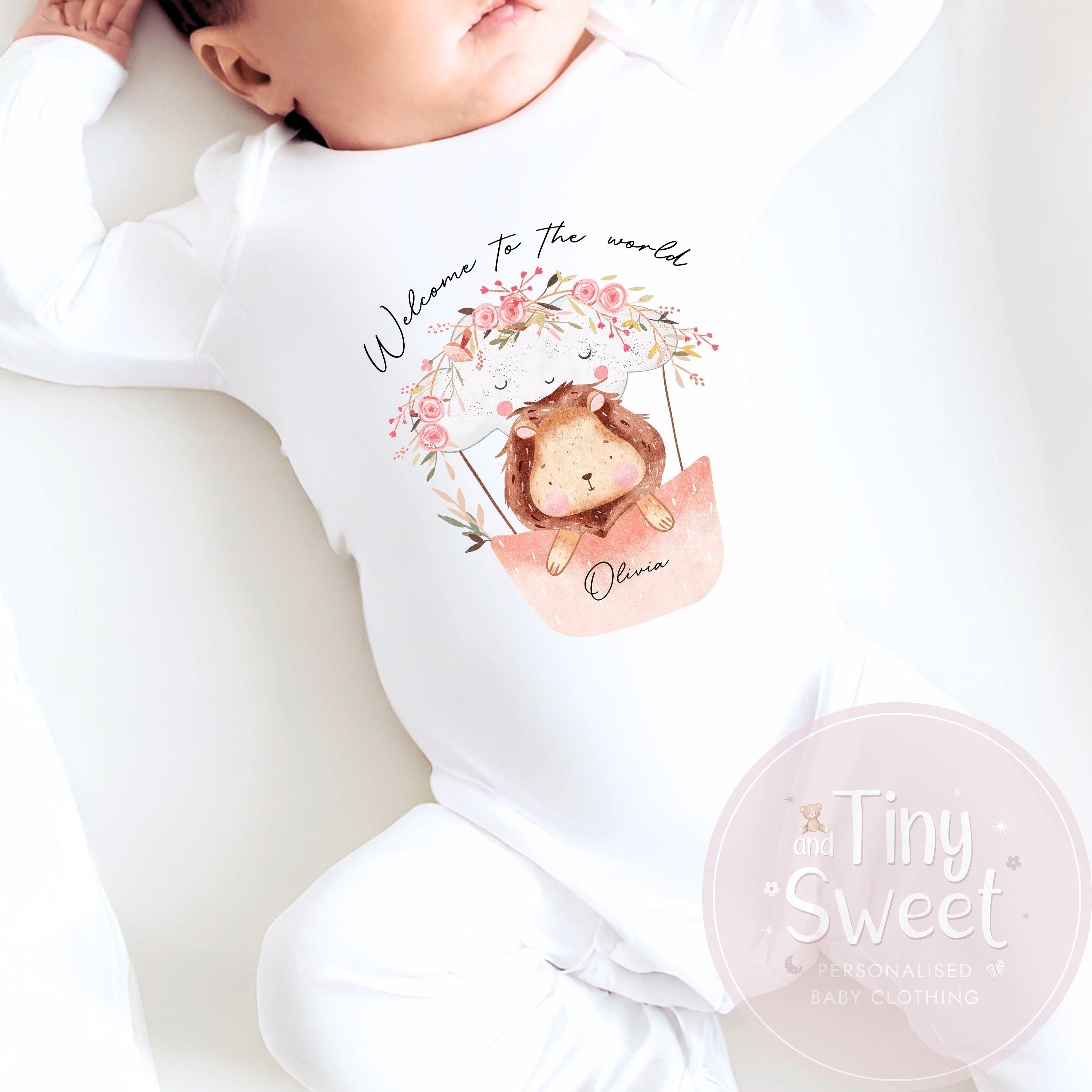 Floral Lion Welcome To The World Personalised Sleepsuit/Babygrow