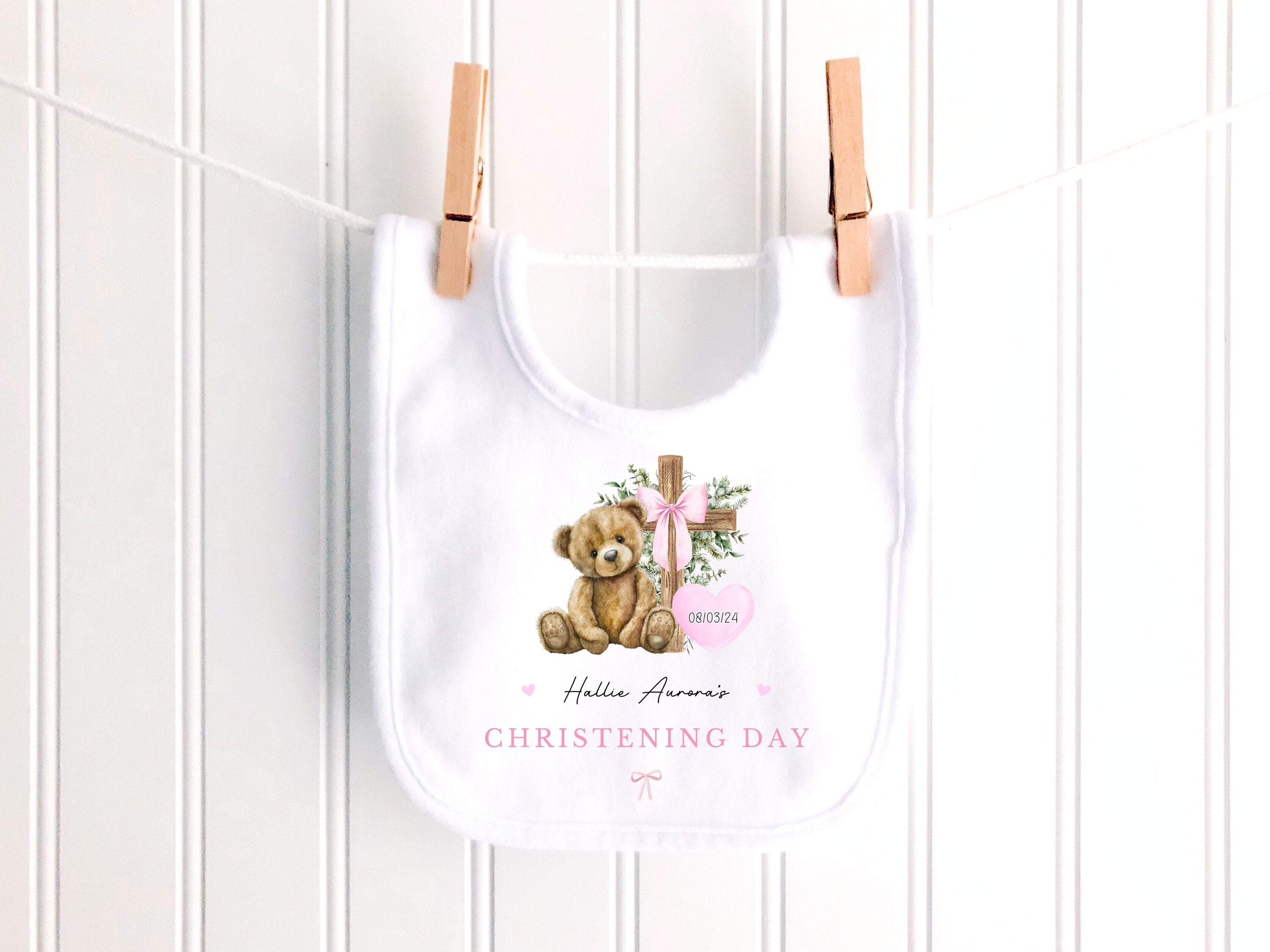 Pink Teddy Bear Personalised Christening Sleepsuit/Babygrow