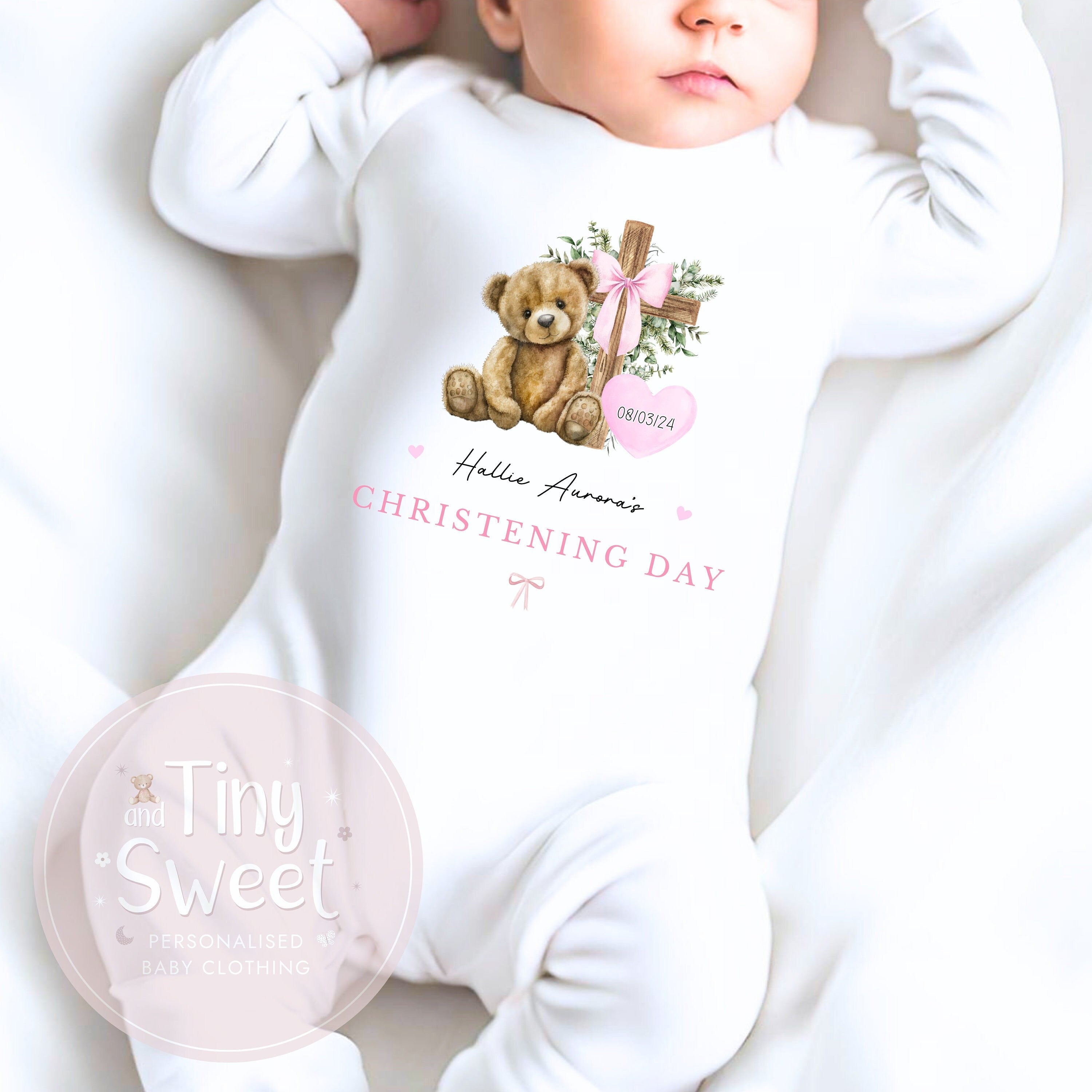 Pink Teddy Bear Personalised Christening Sleepsuit/Babygrow