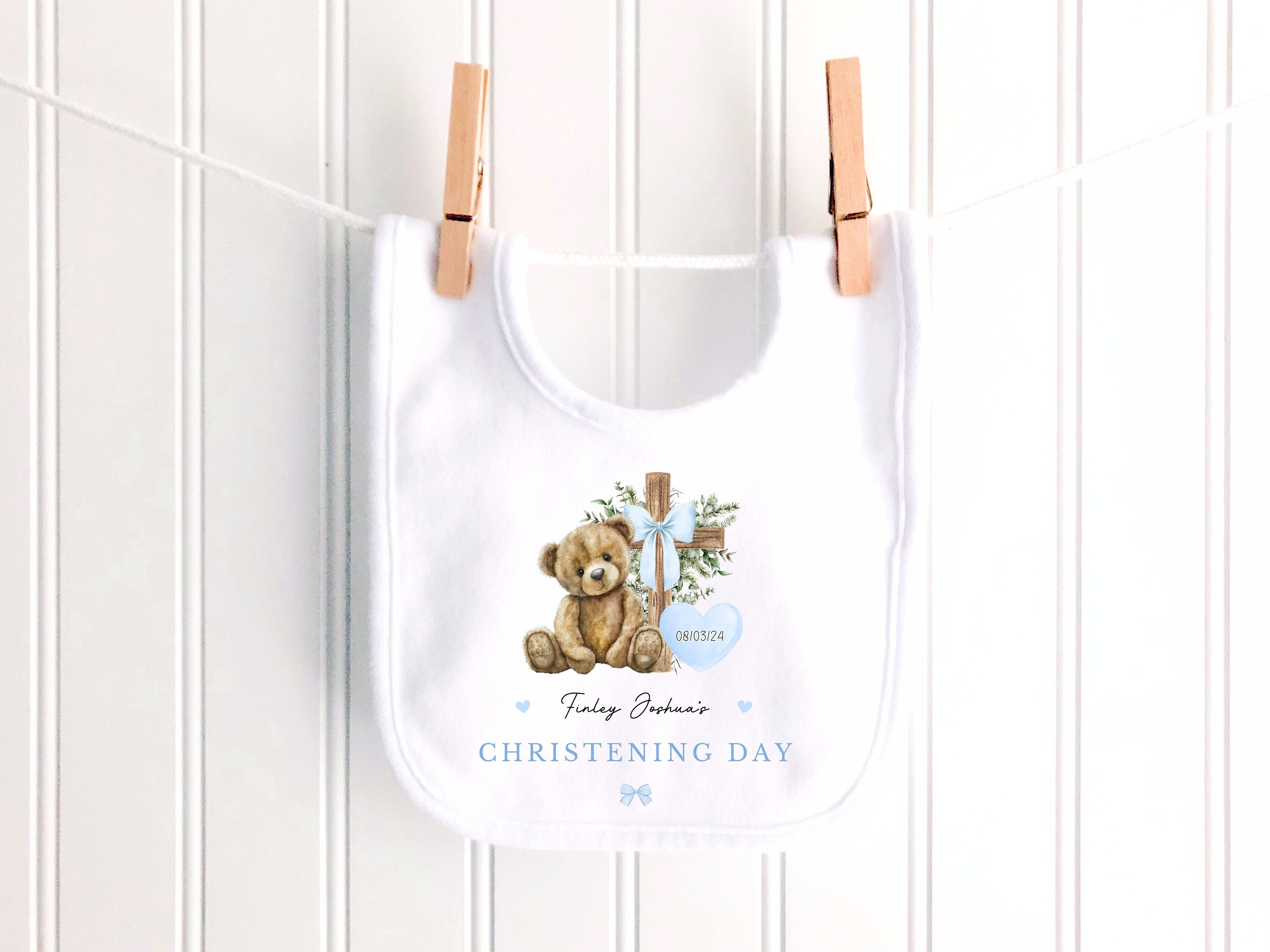 Blue Teddy Bear Personalised Christening Sleepsuit/Babygrow