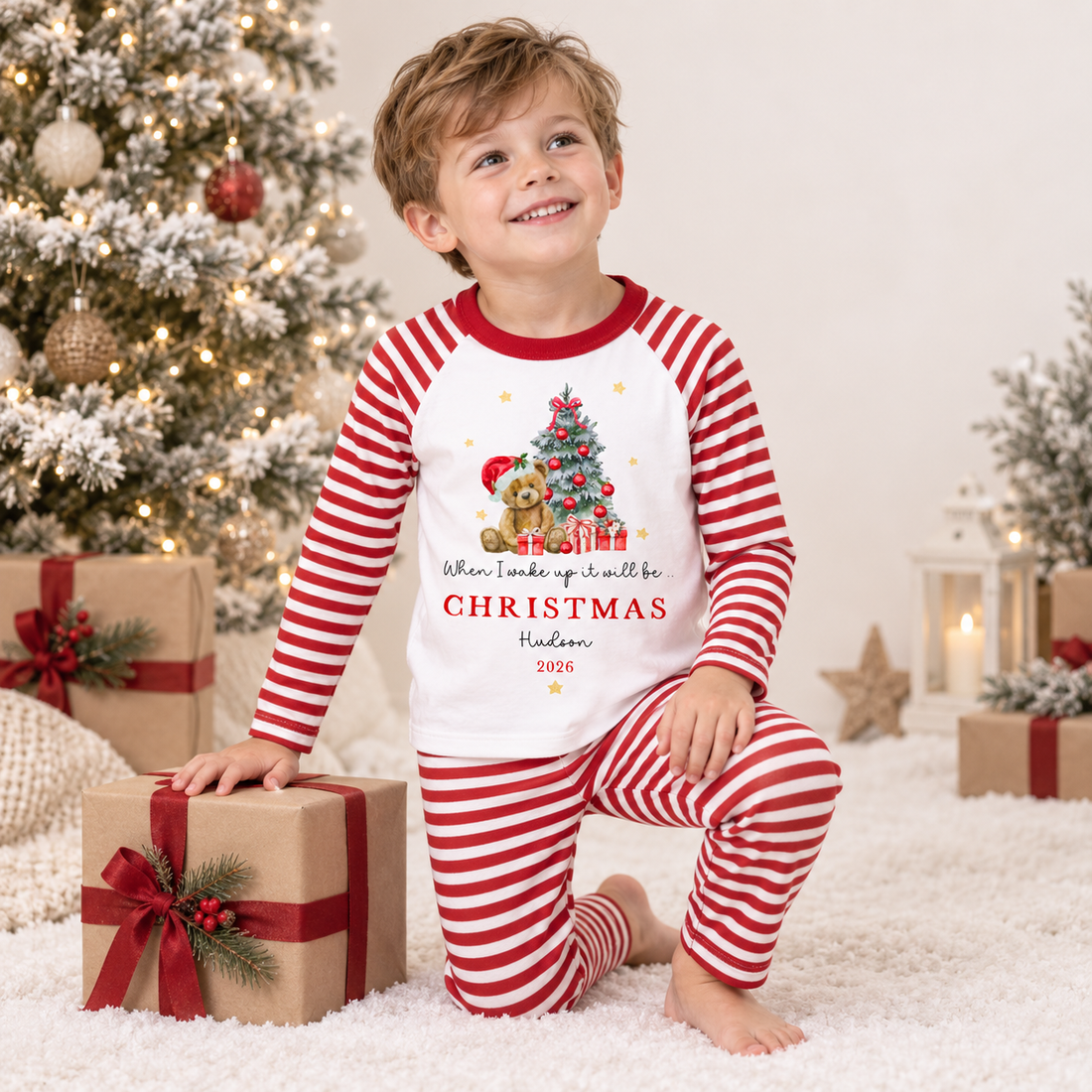 Personalised When I Wake Up Teddy &amp; Tree Red Pyjamas