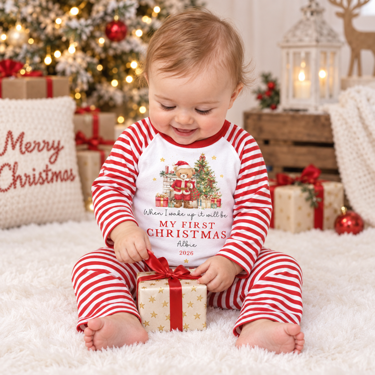 Personalised When I Wake Up First Christmas Santa Teddy Red Pyjamas