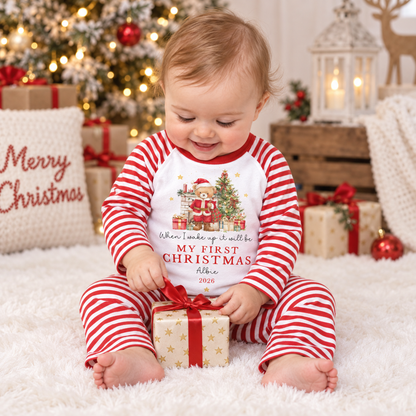 Personalised When I Wake Up First Christmas Santa Teddy Red Pyjamas