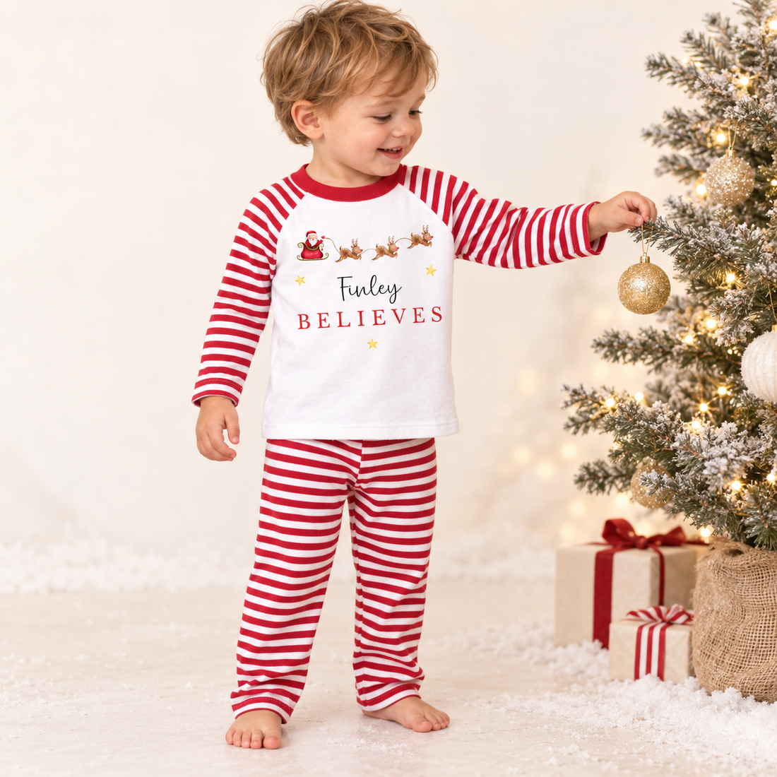 Personalised I Believe Santa Sleigh Christmas Red Pyjamas