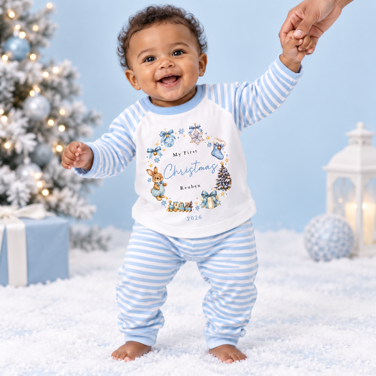 Personalised My First Christmas Bunny Wreath Pink or Blue Pyjamas