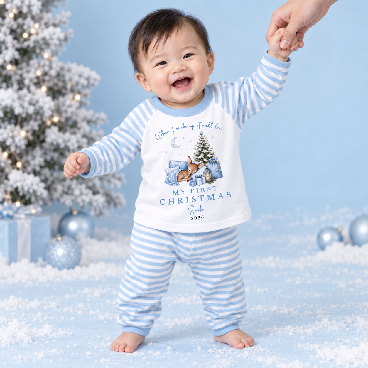 Personalised Sleeping Deer Christmas Pink or Blue Pyjamas