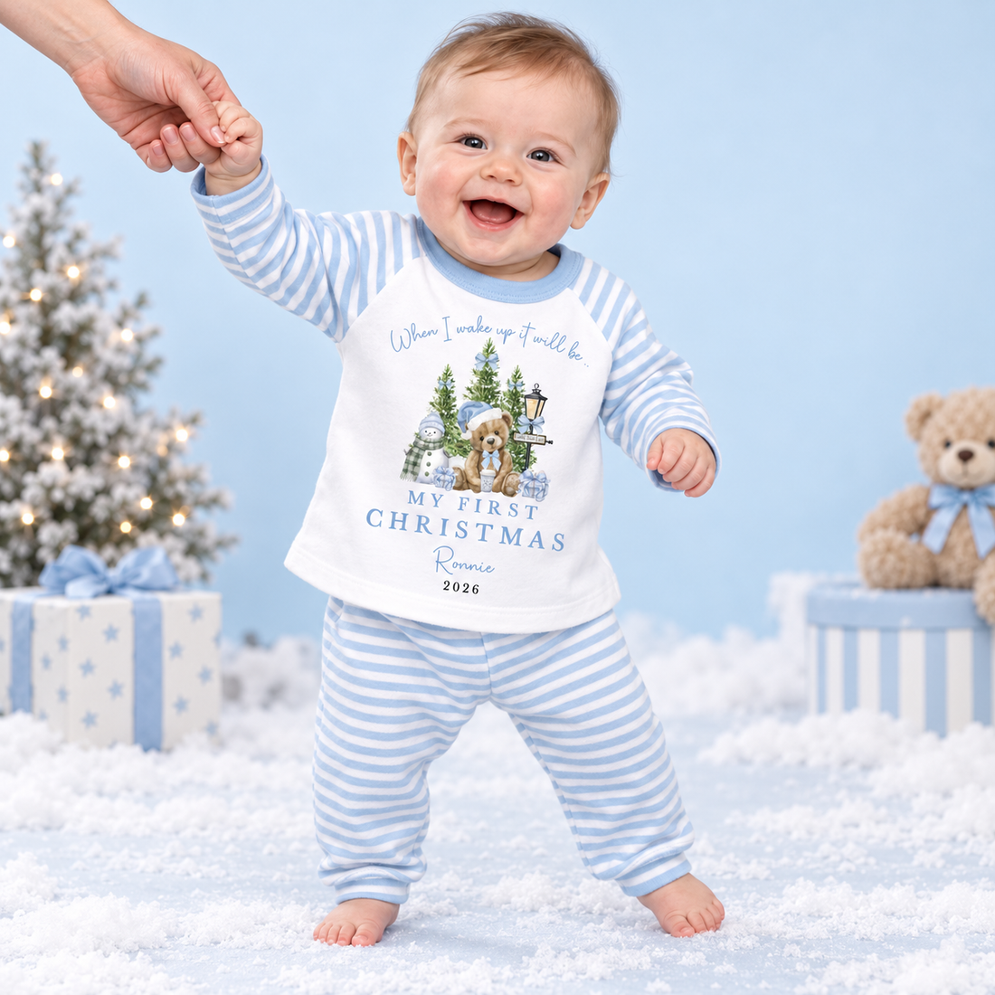 Personalised When I Wake Up First Christmas Teddy Bear Pink or Blue Pyjamas