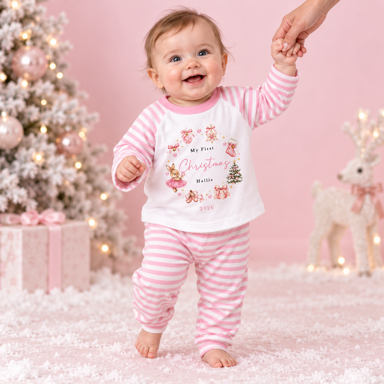Personalised My First Christmas Bunny Wreath Pink or Blue Pyjamas