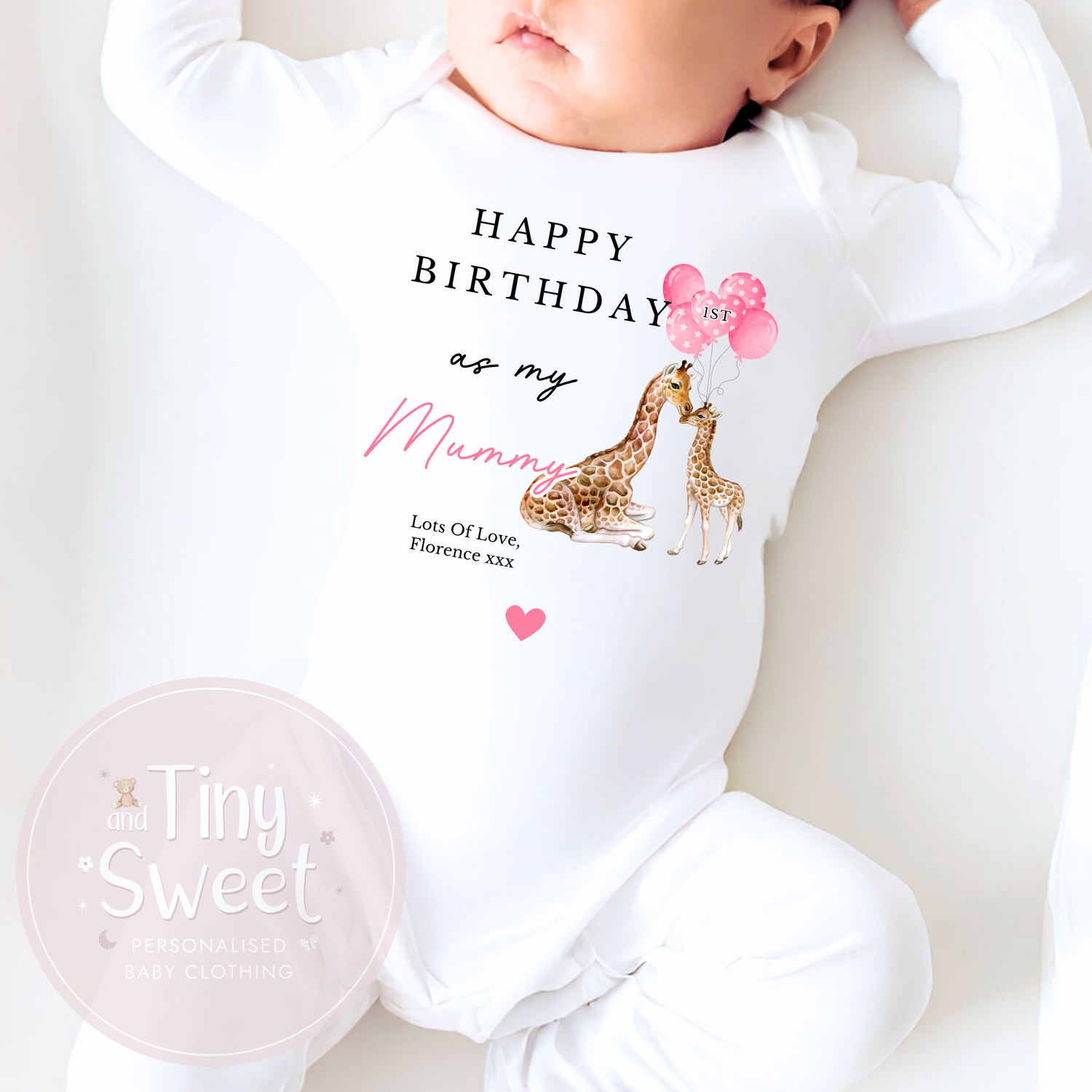 1st Birthday As My Mummy Giraffe Personalised Sleepsuit/Babygrow