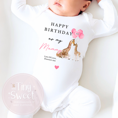 1st Birthday As My Mummy Giraffe Personalised Sleepsuit/Babygrow