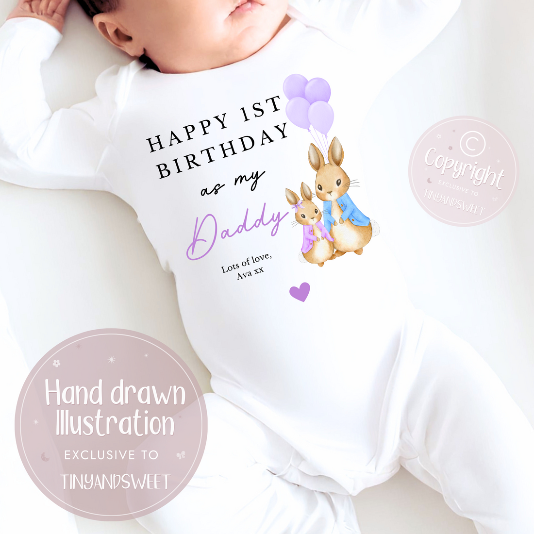 Happy 1st Birthday As My Daddy Bunny Personalised Sleepsuit/Babygrow