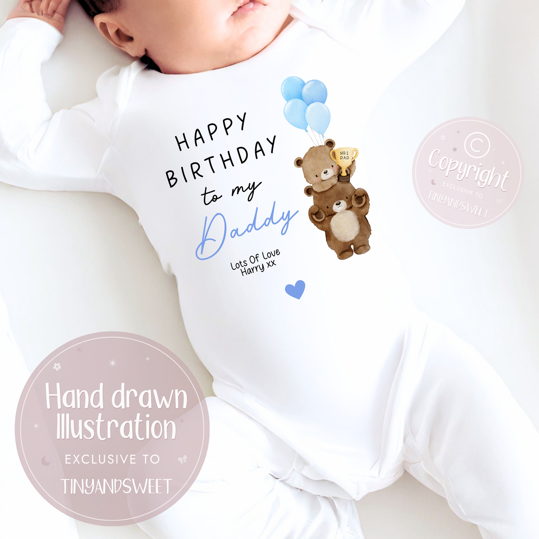 Happy Birthday Daddy No 1 Daddy Bear Personalised Sleepsuit/Babygrow