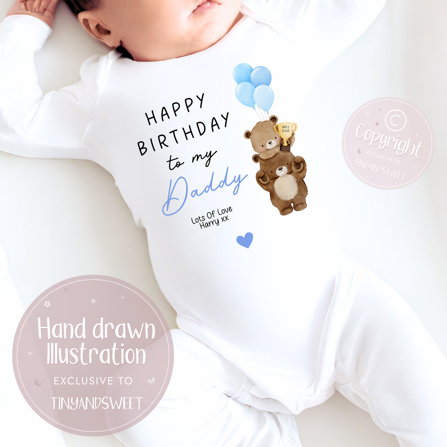 Happy Birthday Daddy No 1 Daddy Bear Personalised Sleepsuit/Babygrow