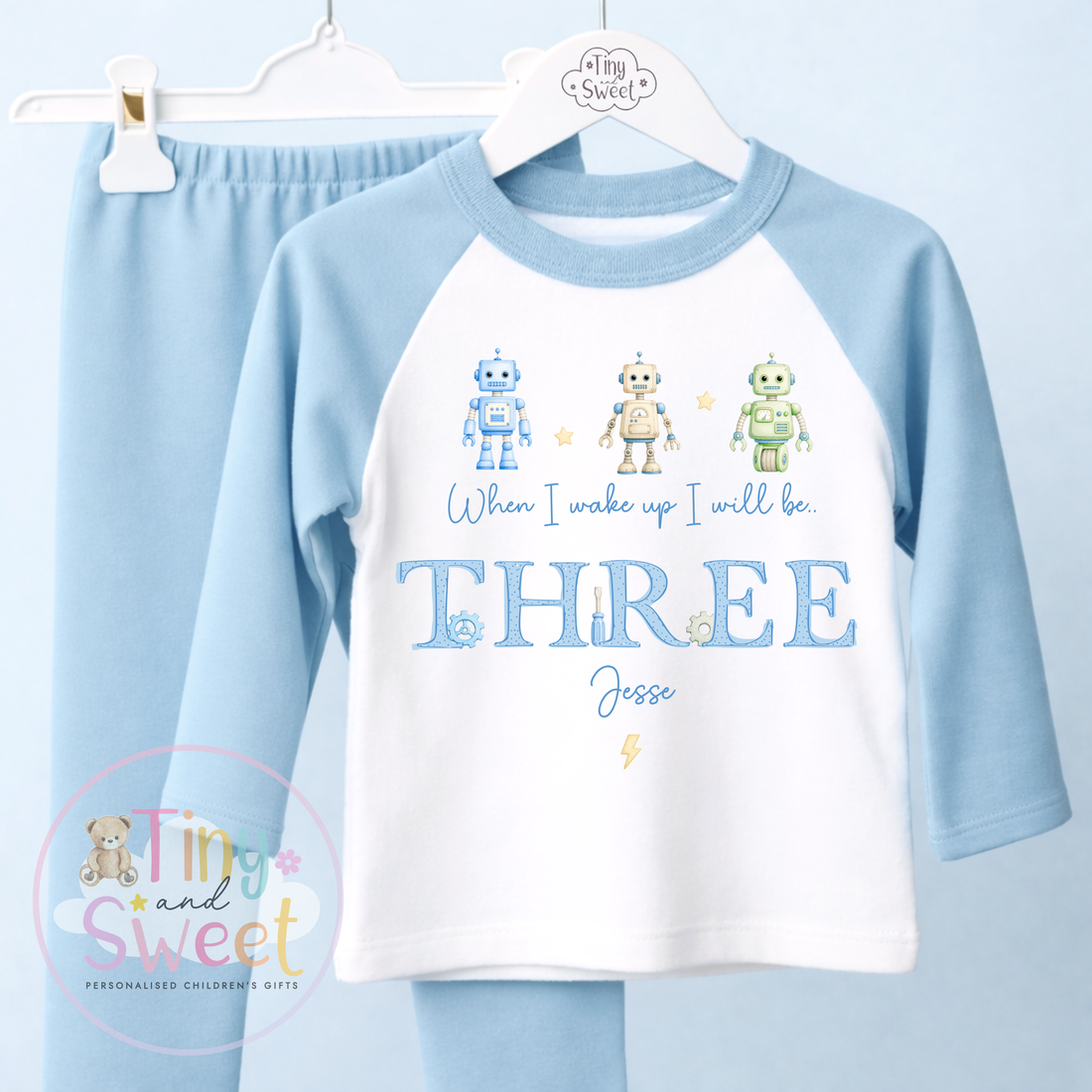 Blue Robot Personalised Birthday Pyjamas (Any Age!)