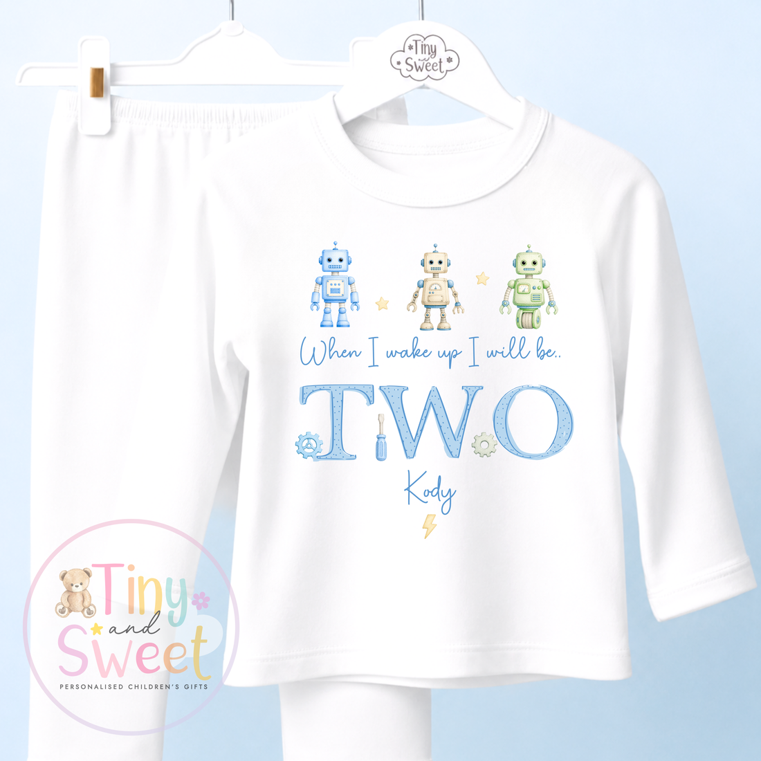 Blue Robot Personalised Plain White Birthday Pyjamas (Any Age!)