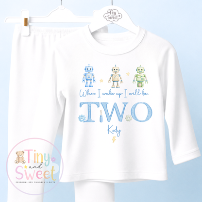 Blue Robot Personalised Plain White Birthday Pyjamas (Any Age!)