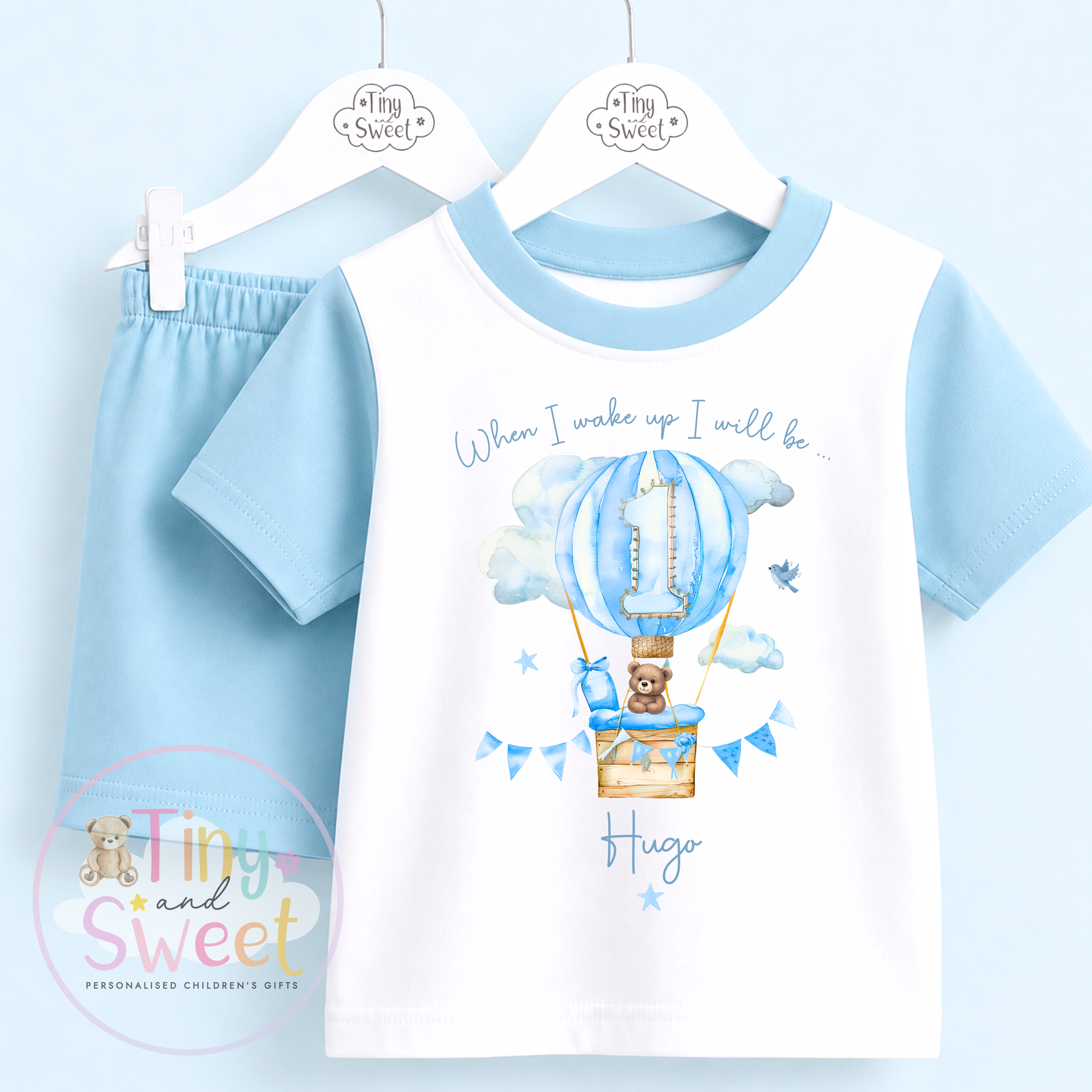 Blue Hot Air Balloon Personalised Short &amp; T Shirt Pyjama Set (Any Age)