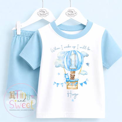 Blue Hot Air Balloon Personalised Short &amp; T Shirt Pyjama Set (Any Age)