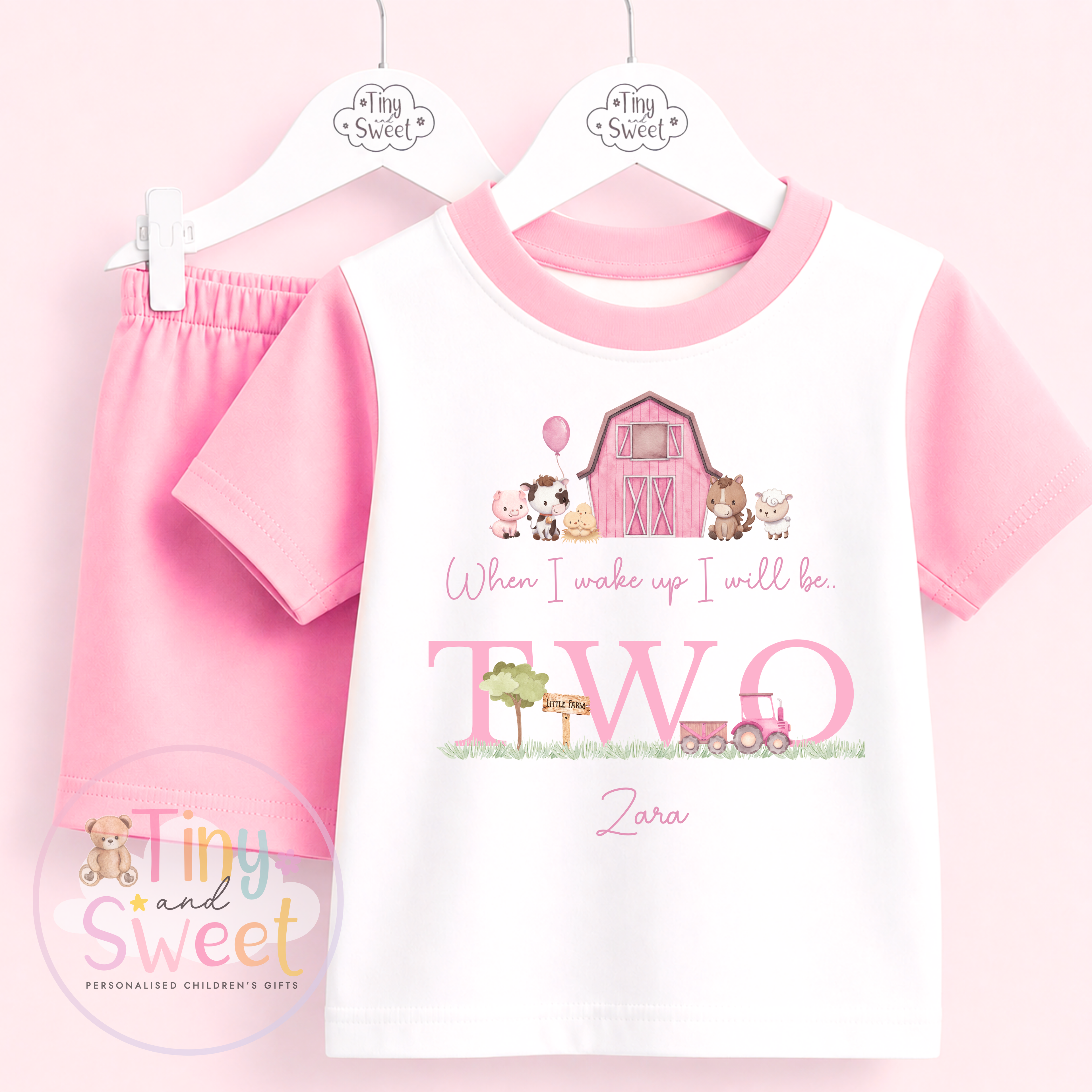 Pink Farm Personalised Short &amp; T Shirt Pyjama Set (Any Age)
